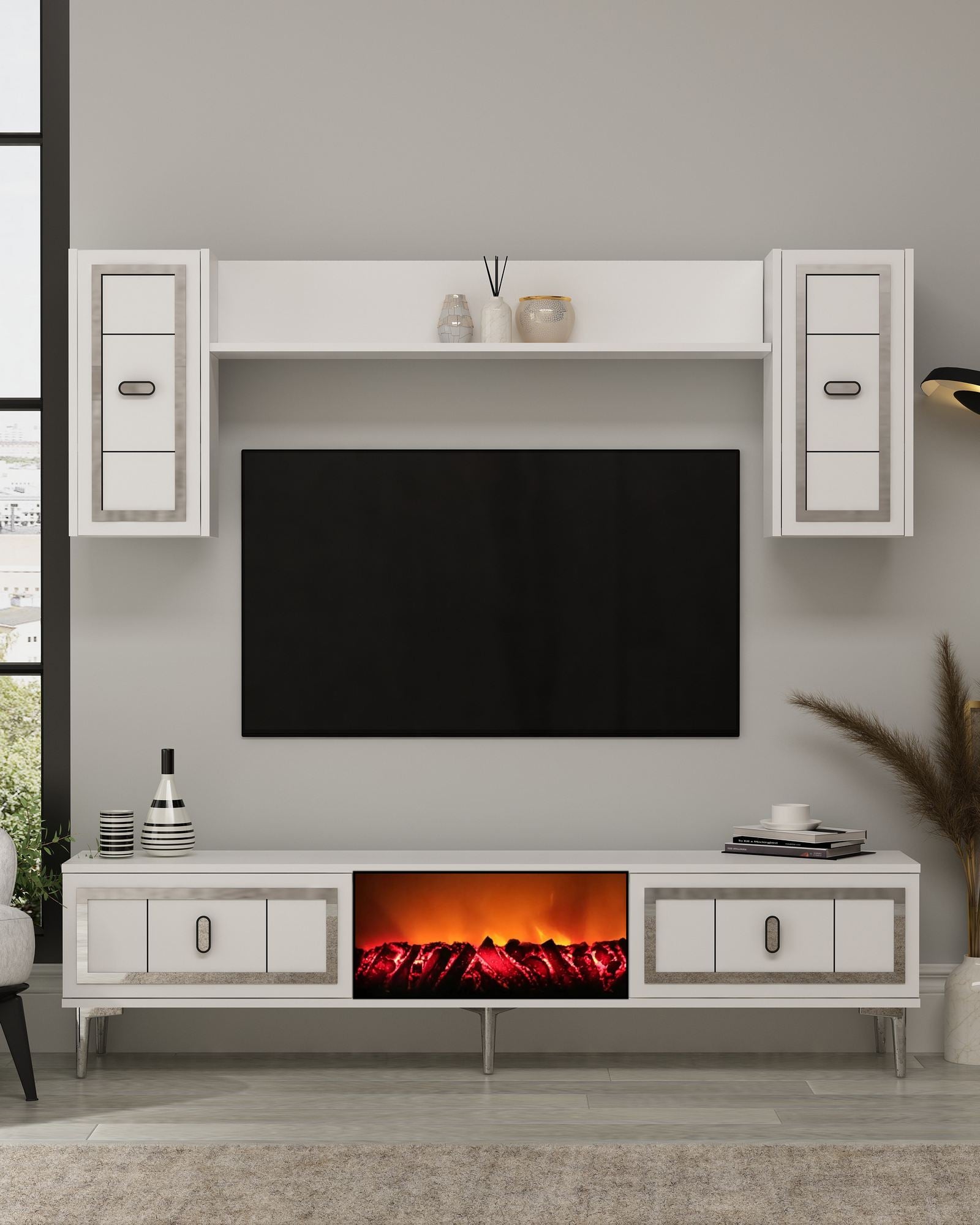 Móvel de TV – 150 cm x 44,6 cm x 29,6 cm – Branco e Prata – Painel de partículas com melamina