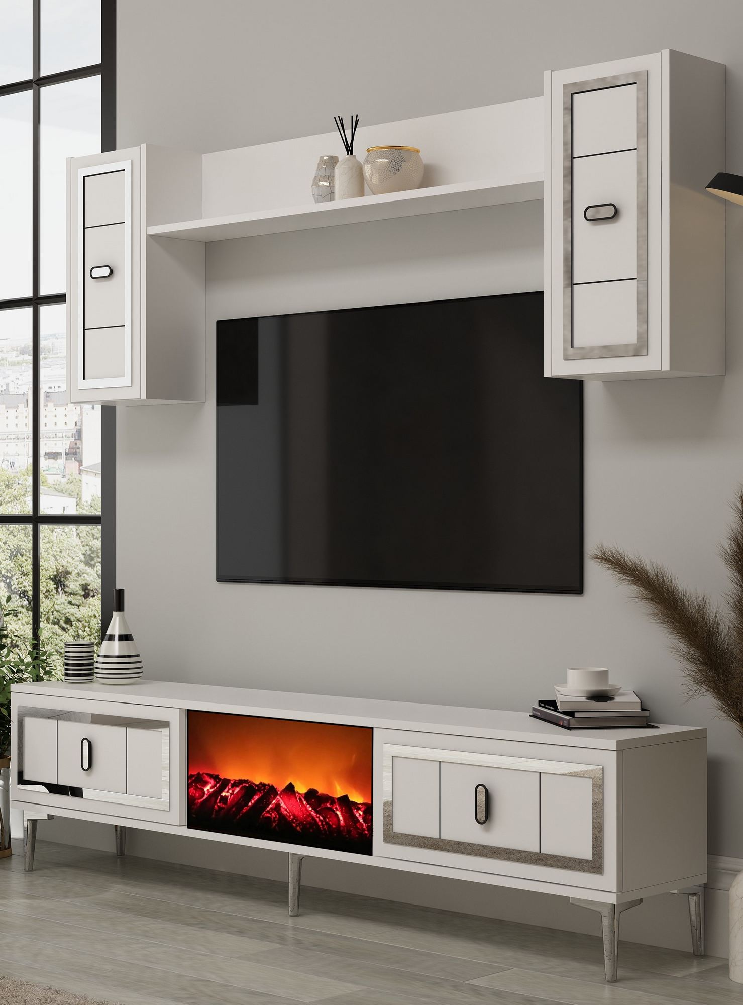 Móvel de TV – 150 cm x 44,6 cm x 29,6 cm – Branco e Prata – Painel de partículas com melamina