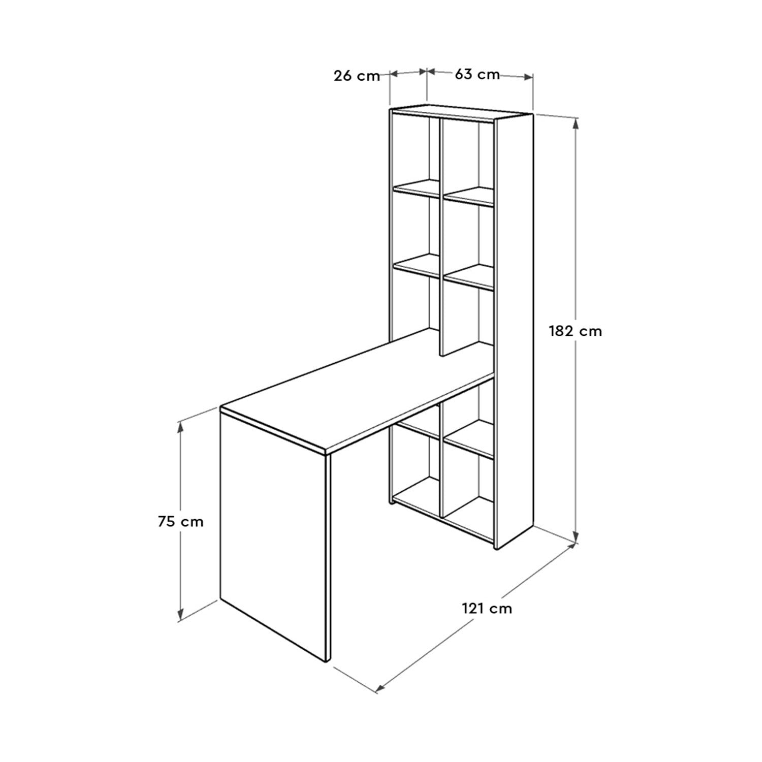 Secretária de Estudo com Estante Integrada - Cor Latte e Branco, 121cm de Largura com Múltiplas Prateleiras para Fixação na Parede