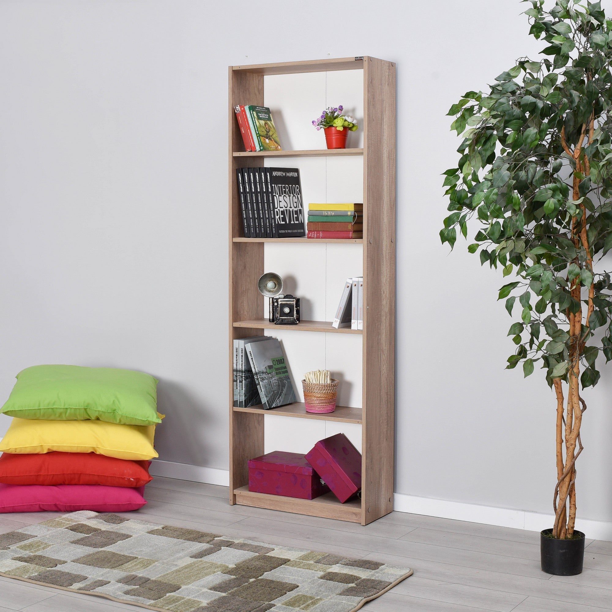 Estante de Livros em Nogueira Clara - 182cm de Altura com Múltiplas Prateleiras e Fixação na Parede