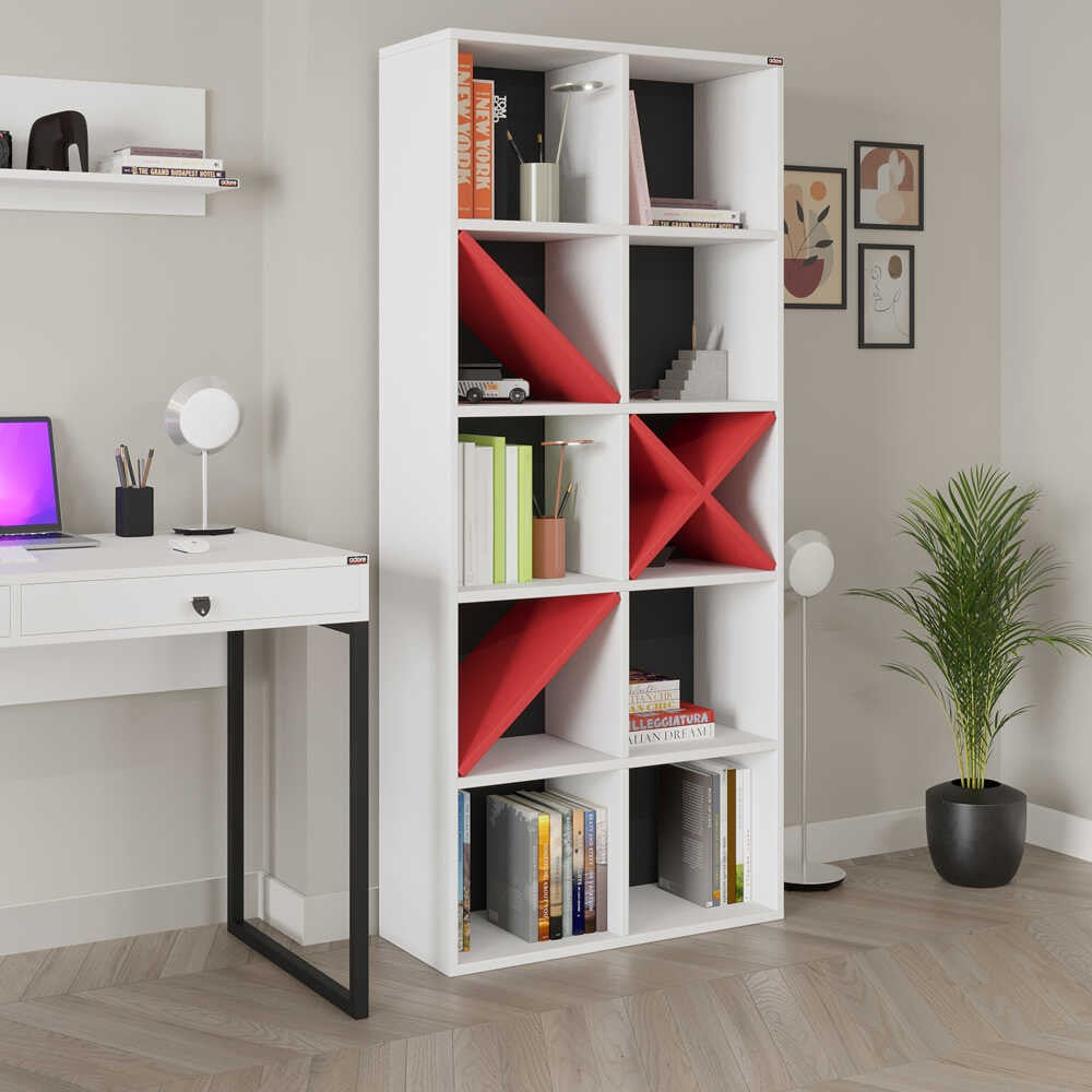 Estante de livros – 75 cm x 188 cm x 30 cm – Branco e Vermelho – Painéis de partículas