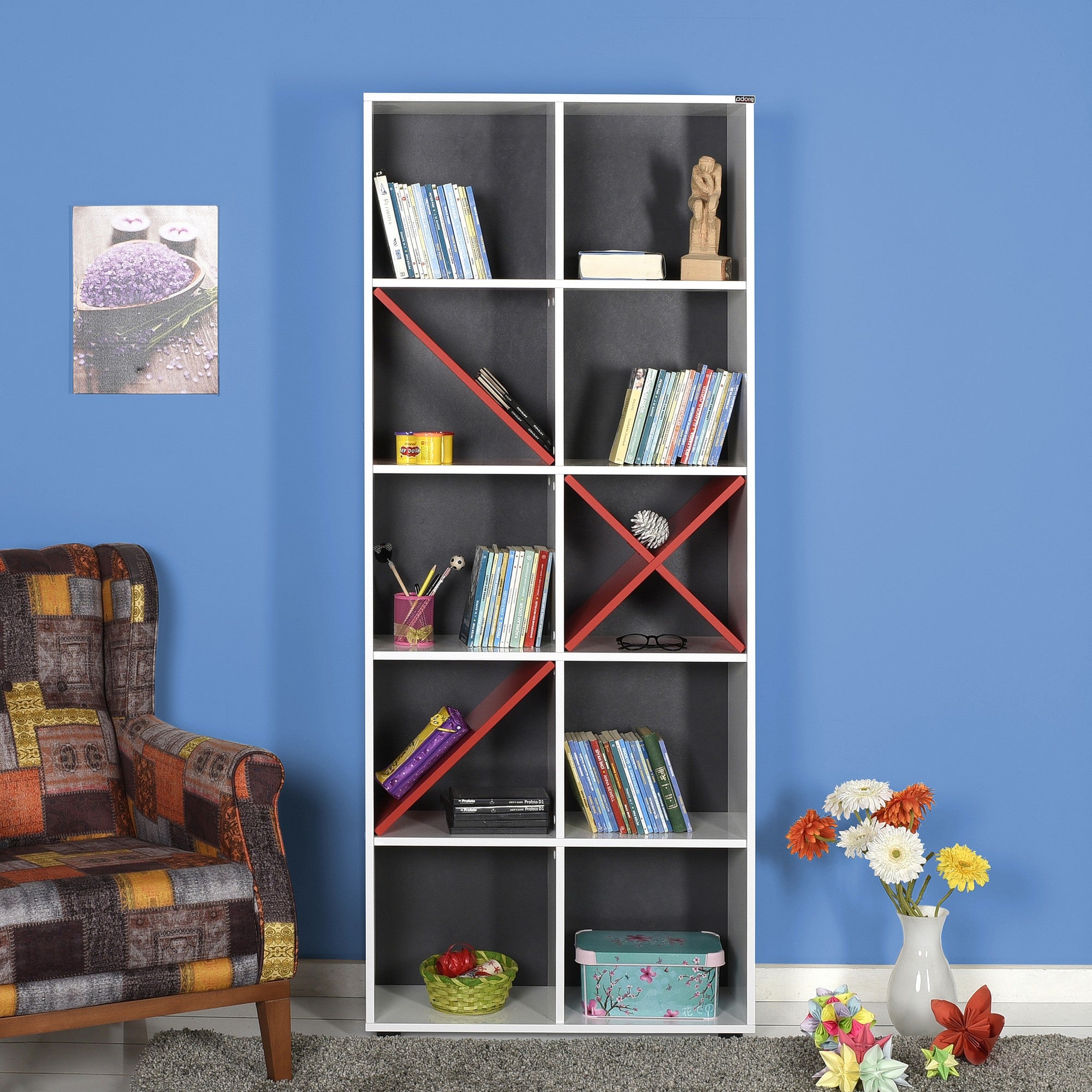 Estante de livros – 75 cm x 188 cm x 30 cm – Branco e Vermelho – Painéis de partículas