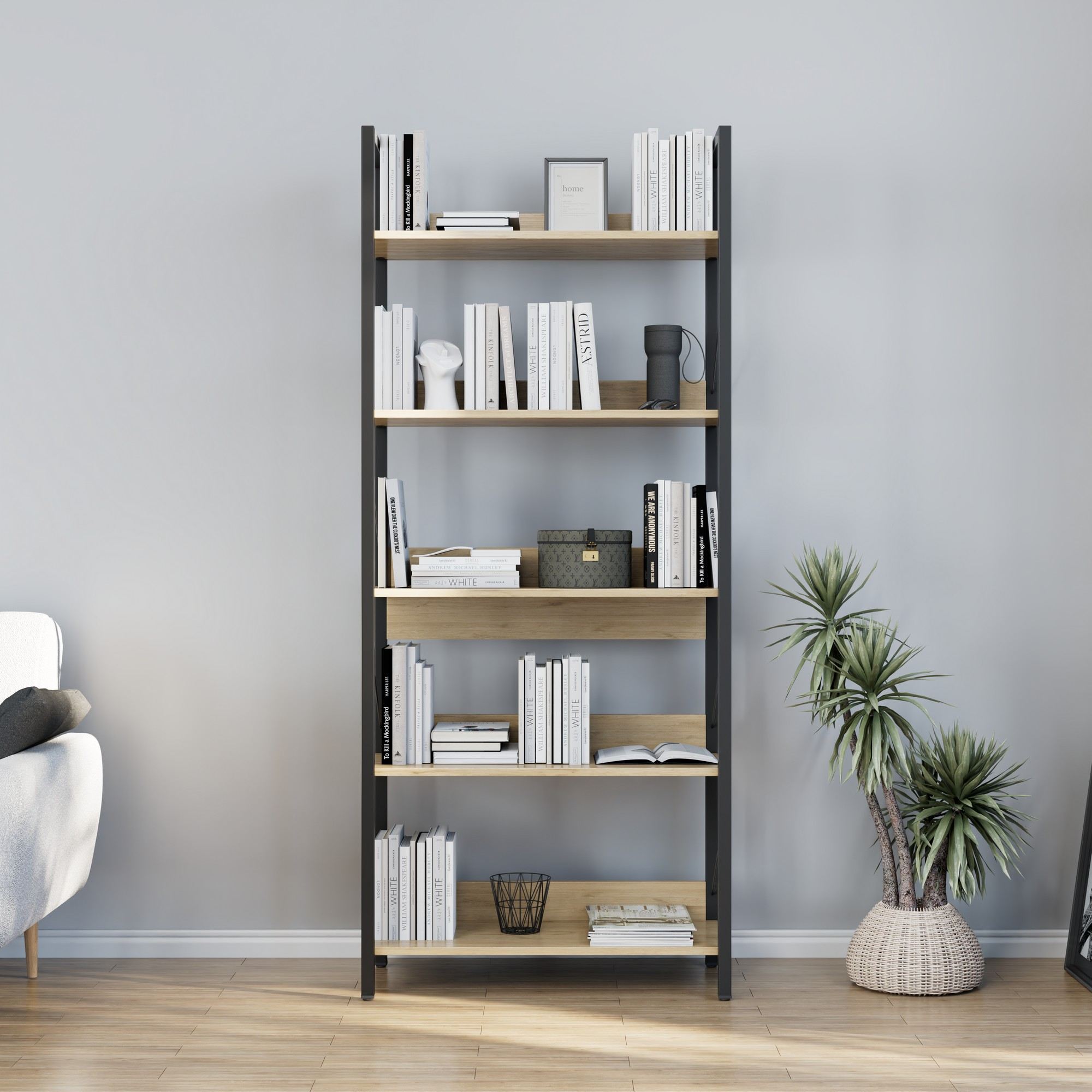 Estante de Livros em Carvalho com Múltiplas Prateleiras - 172cm de Altura, Fixação na Parede Incluída