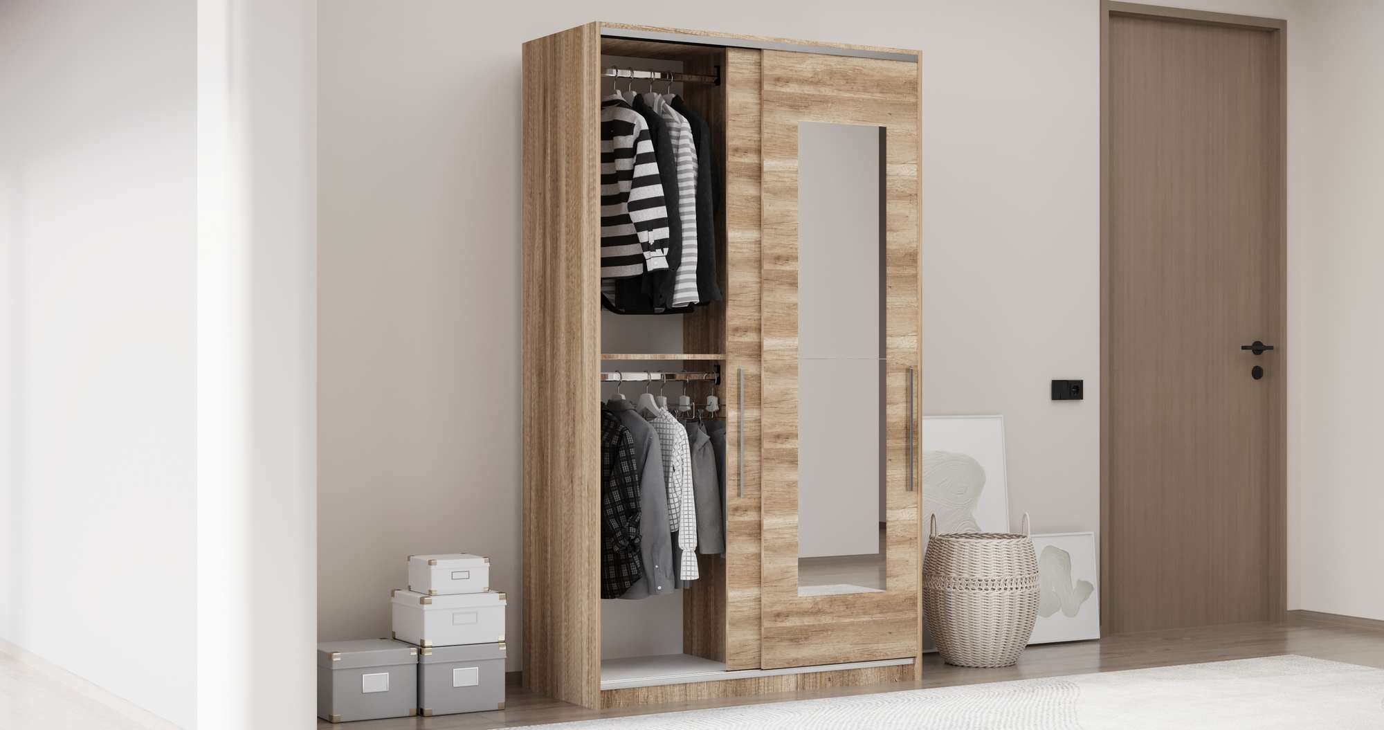 Guarda-roupa de MDF revestido de melamina – 120 cm x 207 cm x 52 cm – Cor Sonoma