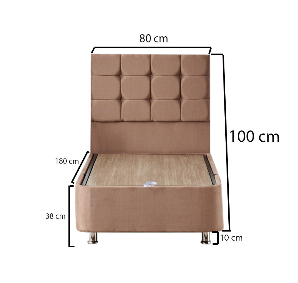 Colchão de solteiro de luxo com estrutura de aço e cabeceira, marrom claro, 80x180 cm | Ortopédico completo, sistema de molas múltiplas, inclui baú e trava de segurança