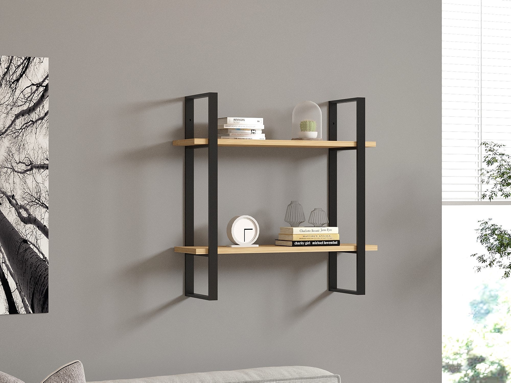 Prateleira de parede moderna – 70 x 70 x 22 cm – Carvalho safira e preto – Painel de partículas revestido de melamina