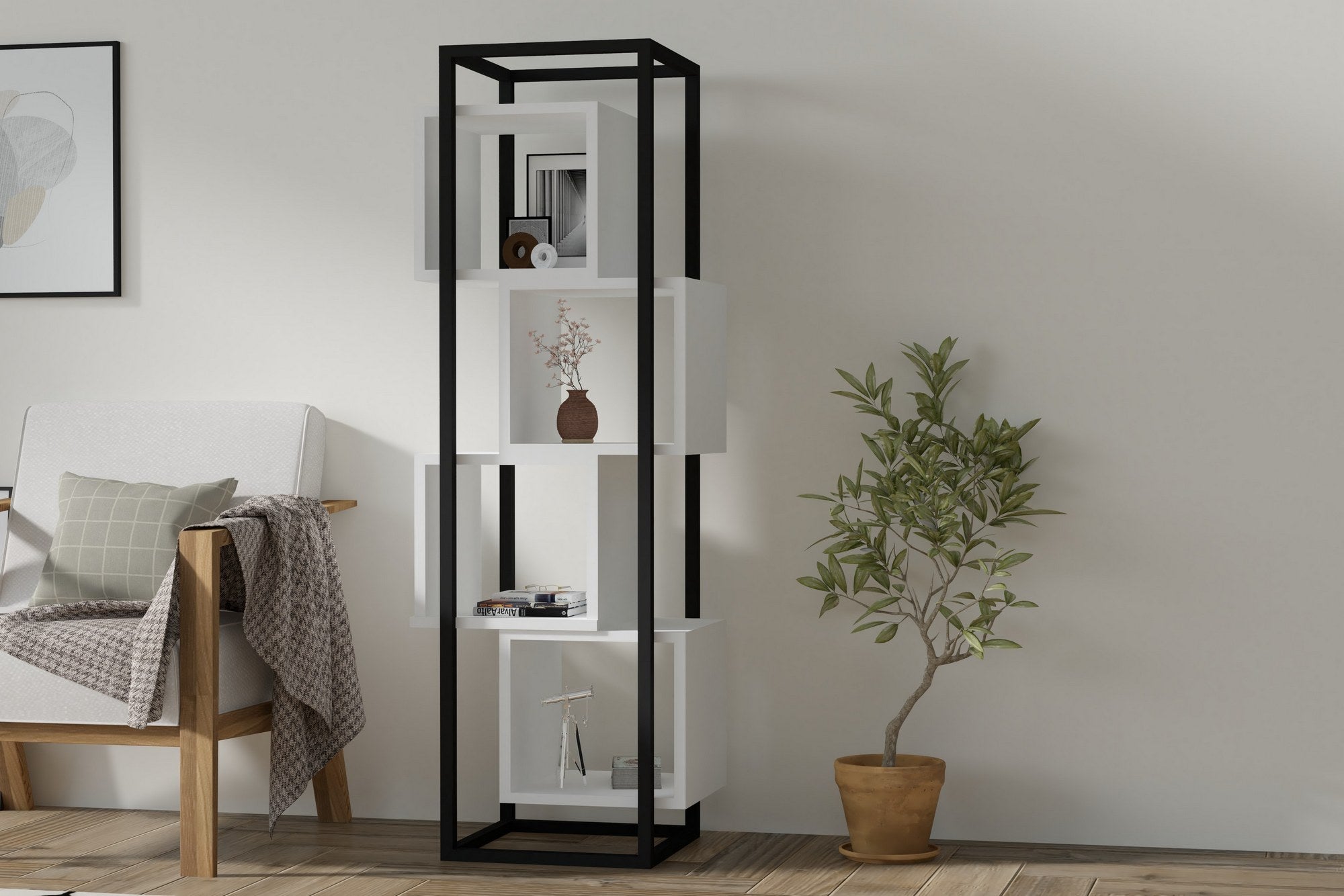 Estante moderna – 140 cm de altura, 44 cm de largura, 29 cm de profundidade – branca – painel de partículas revestido em melamina