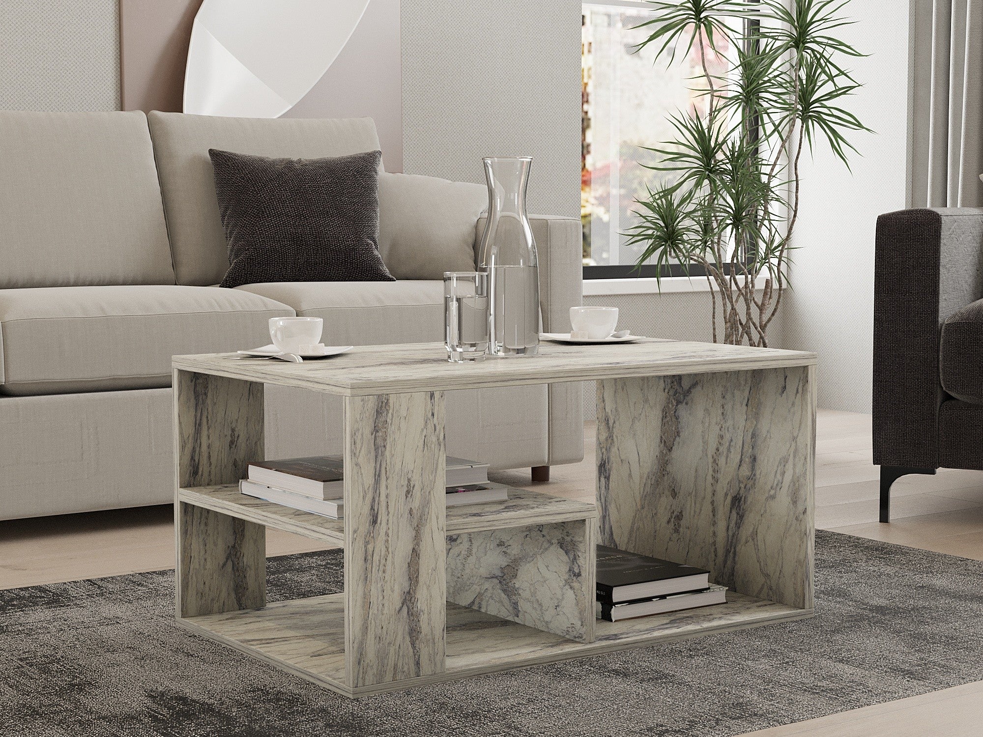 Mesa de Centro em Mármore – 80 x 50 x 40 cm – mármore frésia – material de partículas revestido em melamina