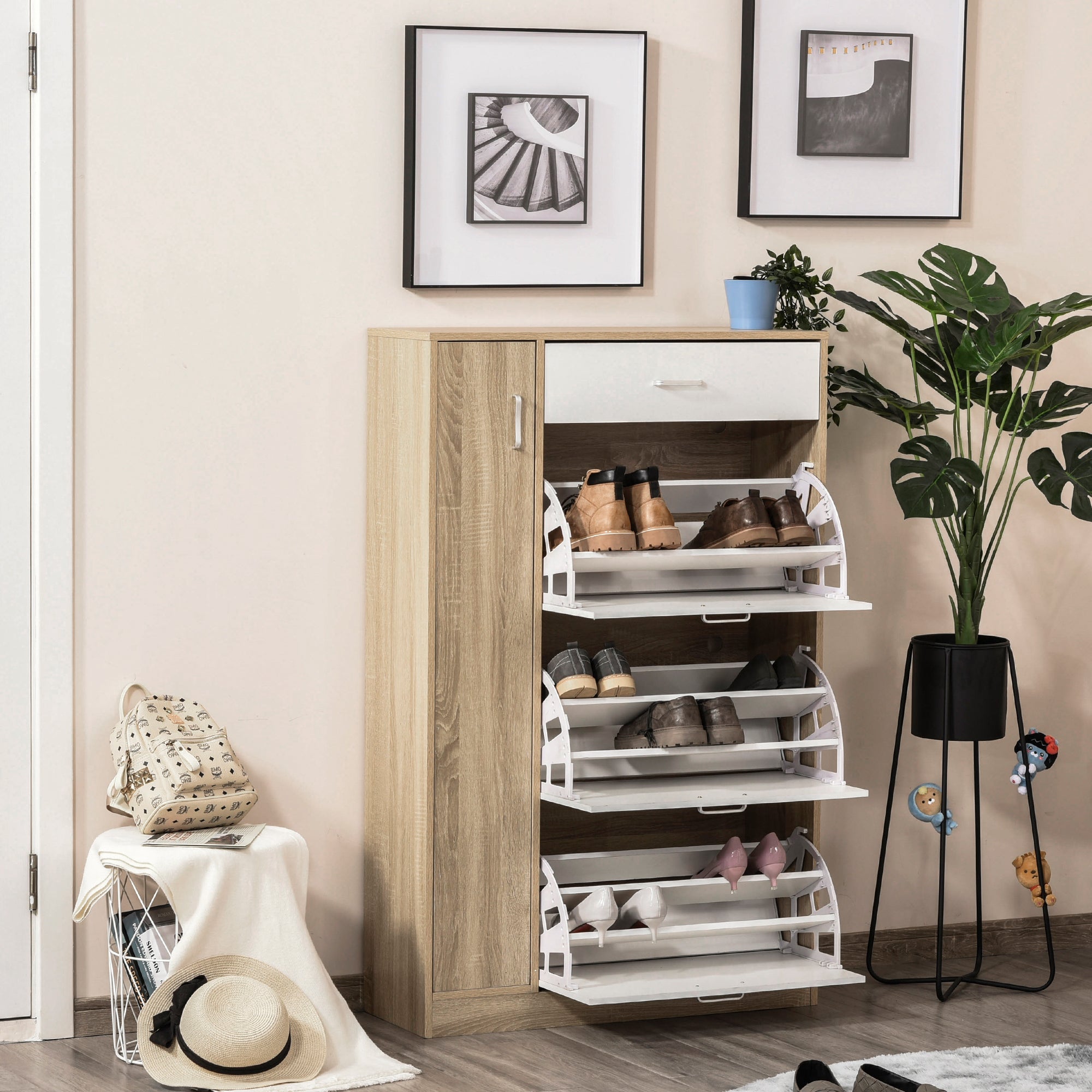 Sapateira de 3 Portas para 18-27 Pares de Sapatos 84x30x132 cm Madeira Natural e Branco