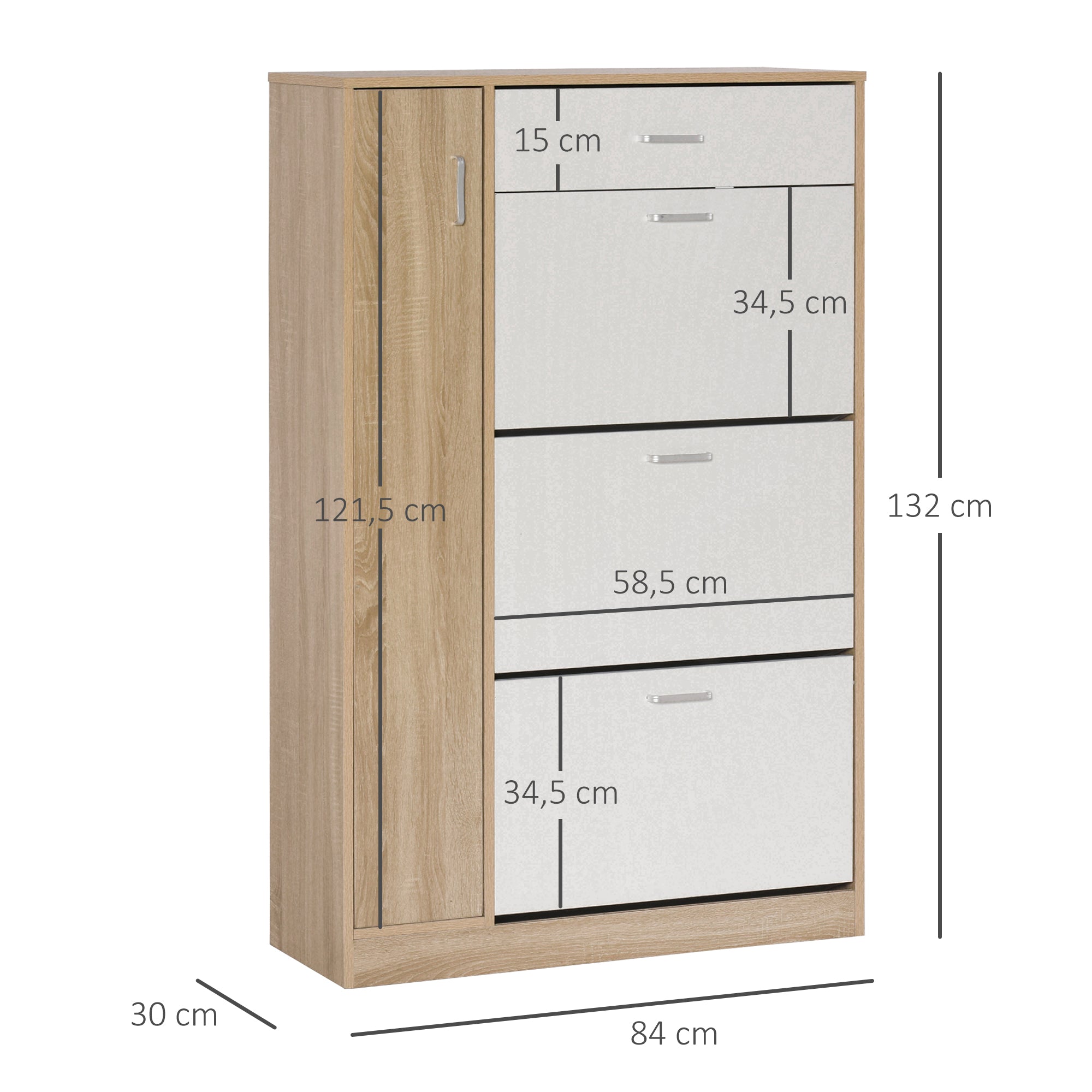 Sapateira de 3 Portas para 18-27 Pares de Sapatos 84x30x132 cm Madeira Natural e Branco