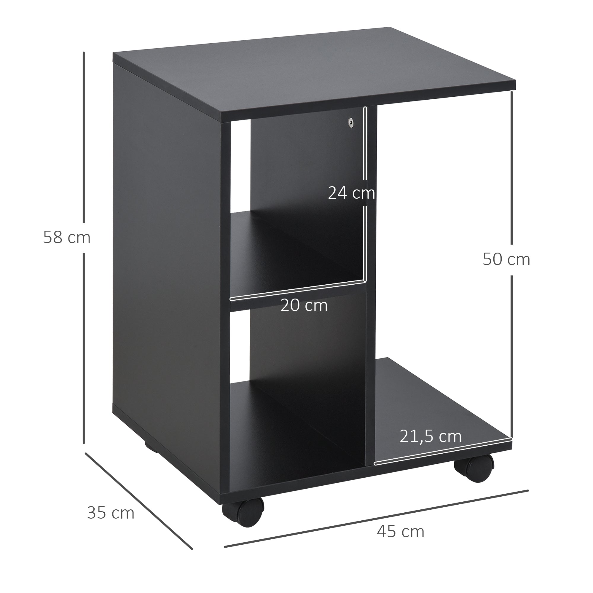 Mesa Auxiliar Moderna em Forma de C com Rodas – 45x35x58 cm – Preto – Madeira com acabamento em melamina