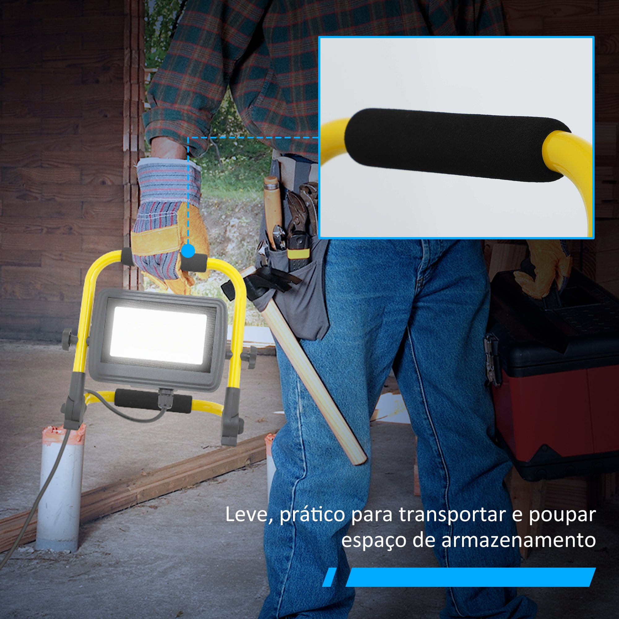 Projetor LED Recarregável – 25,5x16x25,5 cm – Amarelo – Alumínio e metal