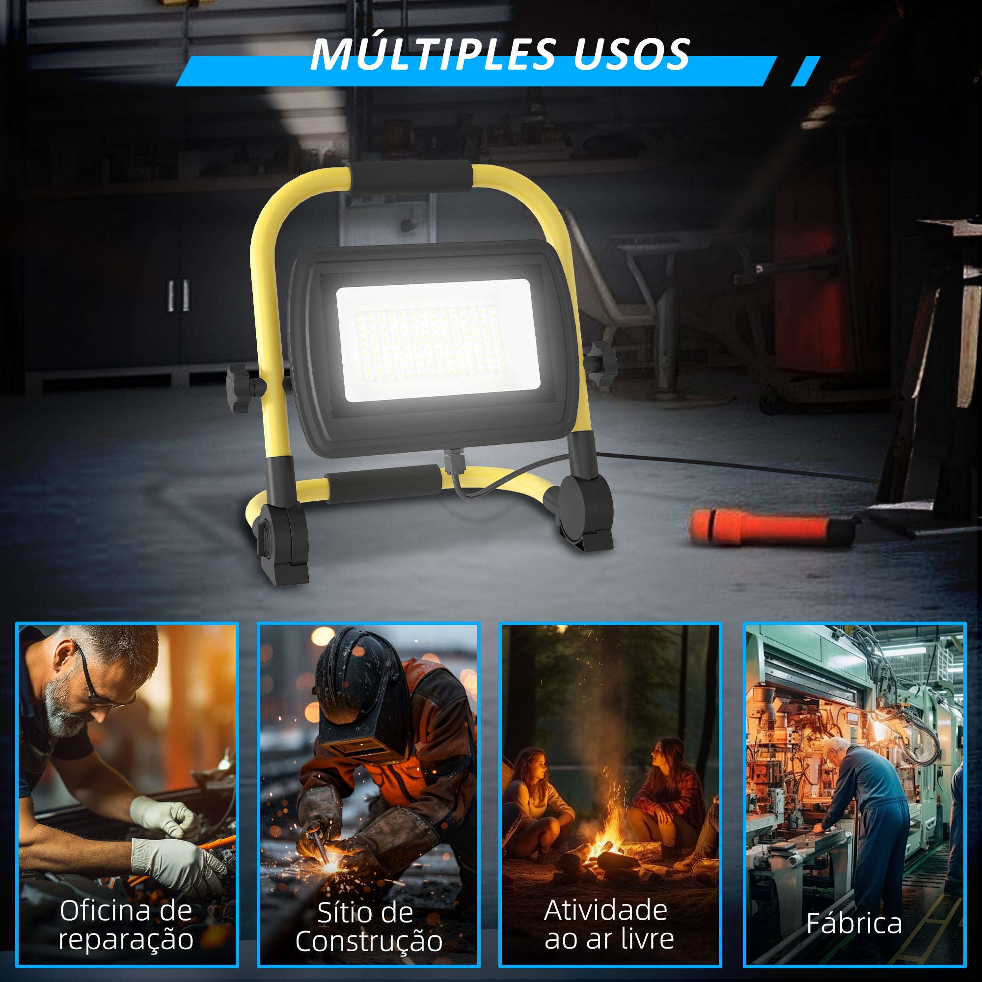 Projetor LED Recarregável – 25,5x16x25,5 cm – Amarelo – Alumínio e metal