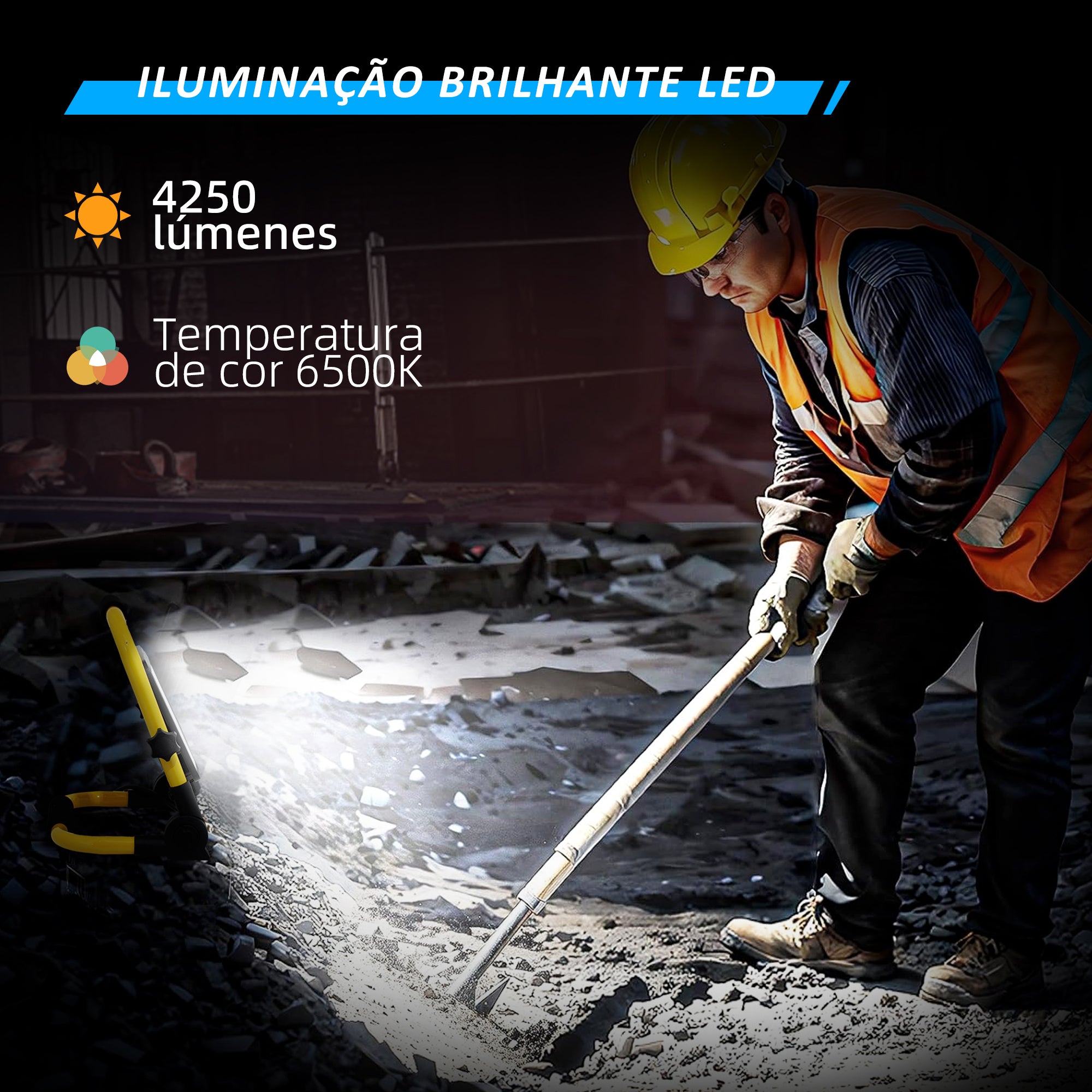 Projetor LED Recarregável – 25,5x16x25,5 cm – Amarelo – Alumínio e metal
