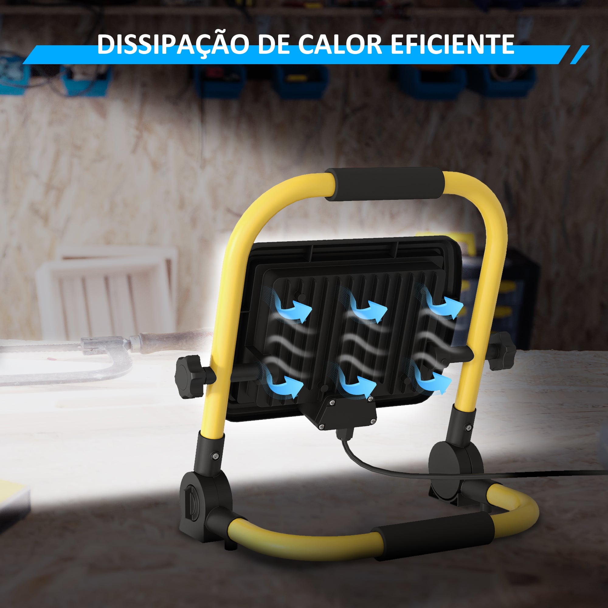 Projetor LED Recarregável – 25,5x16x25,5 cm – Amarelo – Alumínio e metal