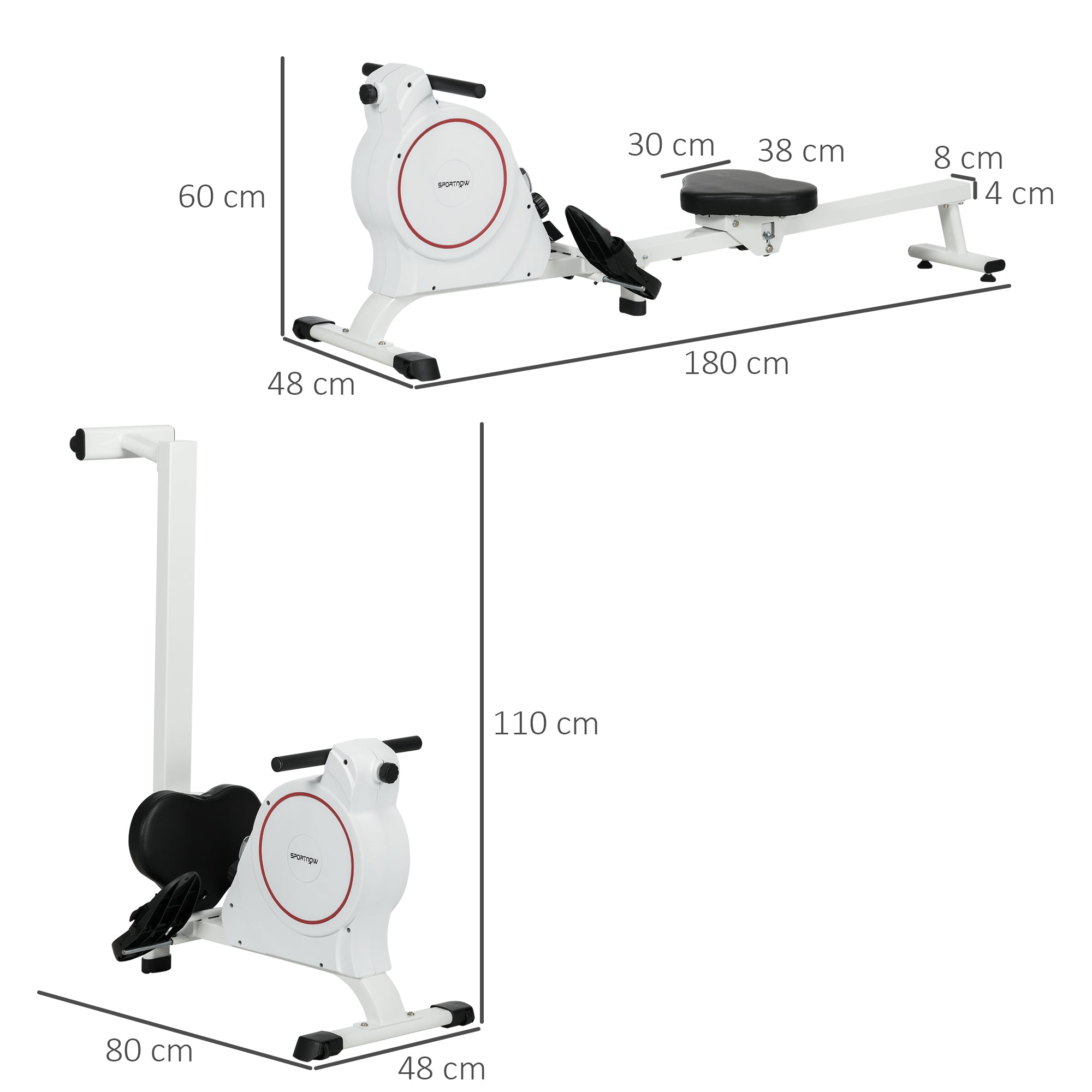Máquina de Remo Magnético Dobrável 180x48x60 cm Branco