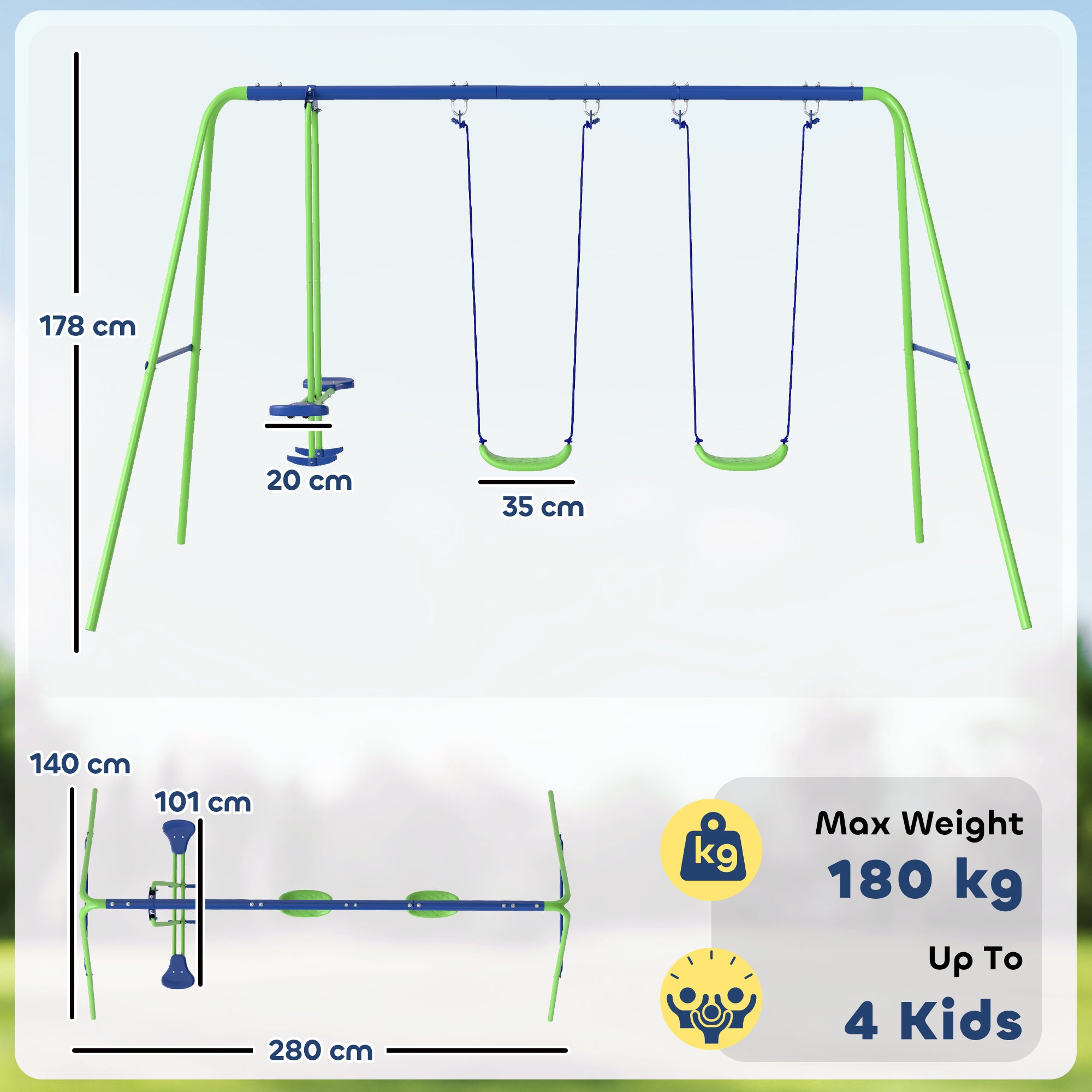 Conjunto de Baloiços de Jardim – 280x140x178 cm – Verde – Metal e PE