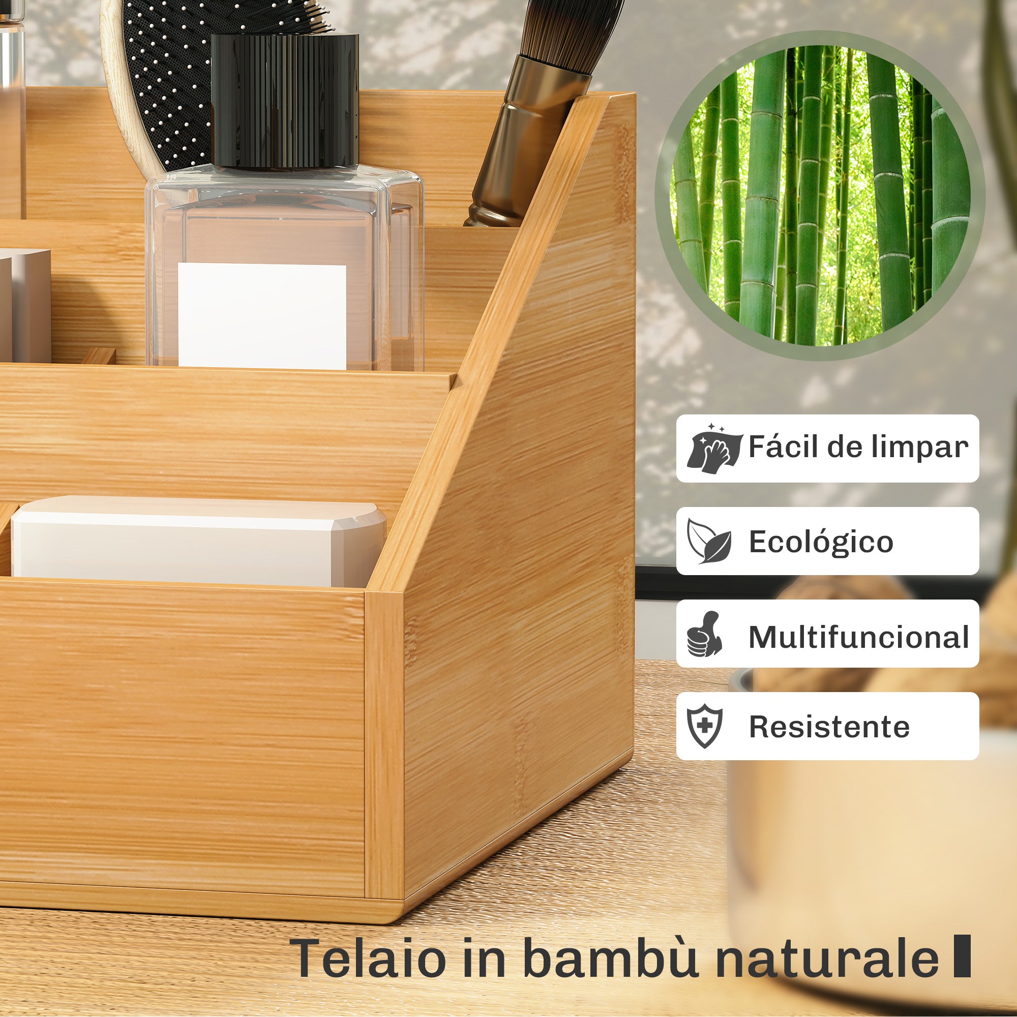 Organizador de Mesa de Bambu 33x20,5x15,5 cm - Cor Madeira Natural