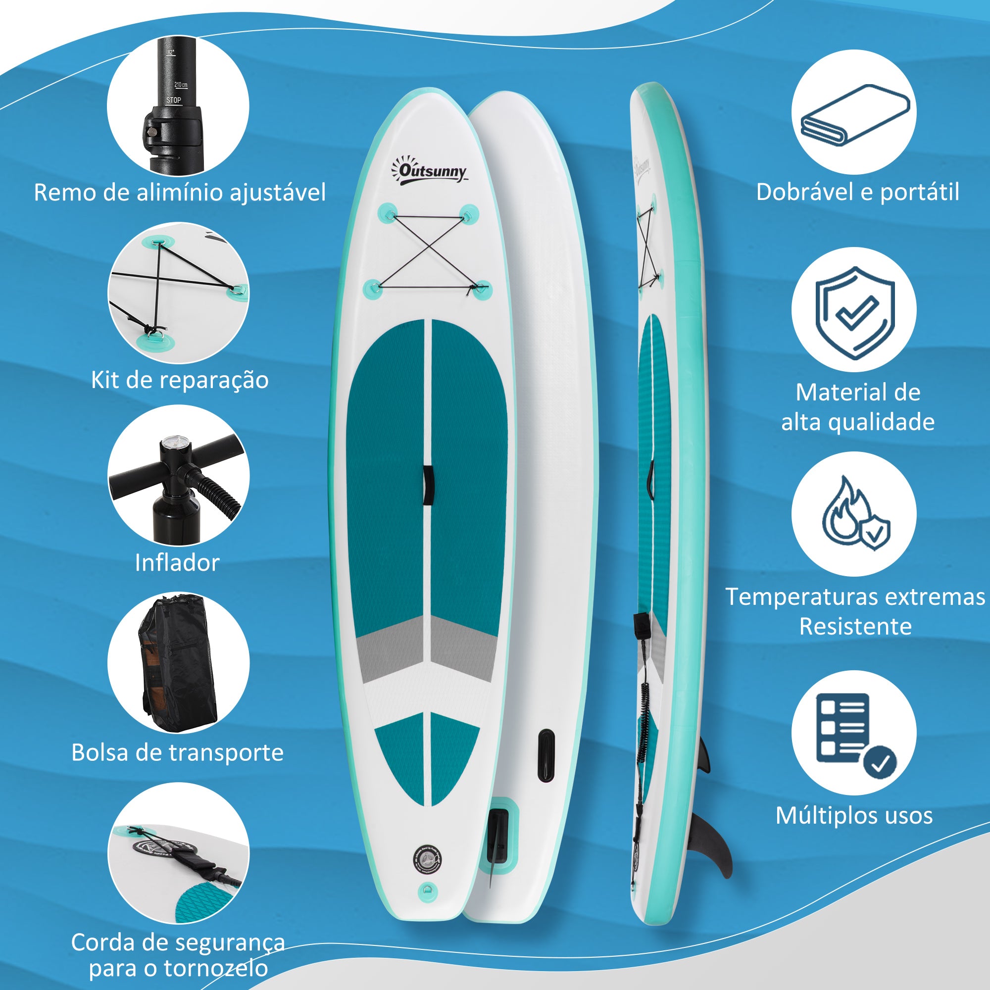 Prancha de Paddle Surf Inflável – 320x76x15cm – Azul-turquesa – PVC/EVA