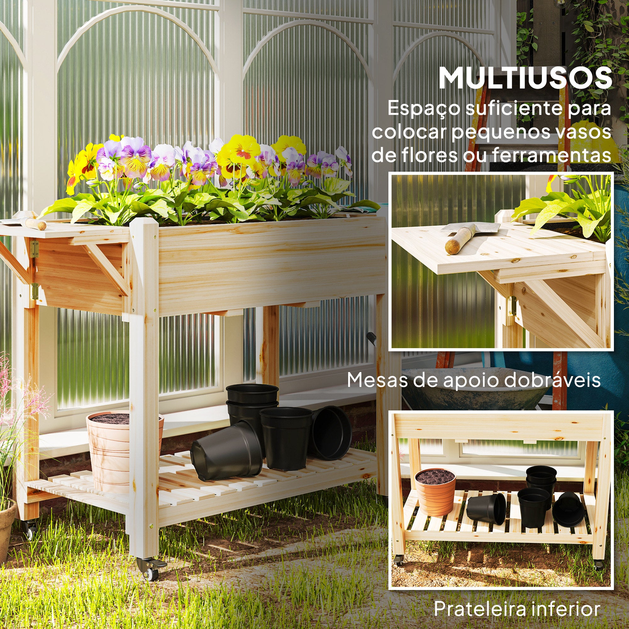 Floreira de Madeira com Rodas – 145x52x86 cm – Cor de Madeira Natural – Madeira de Abeto