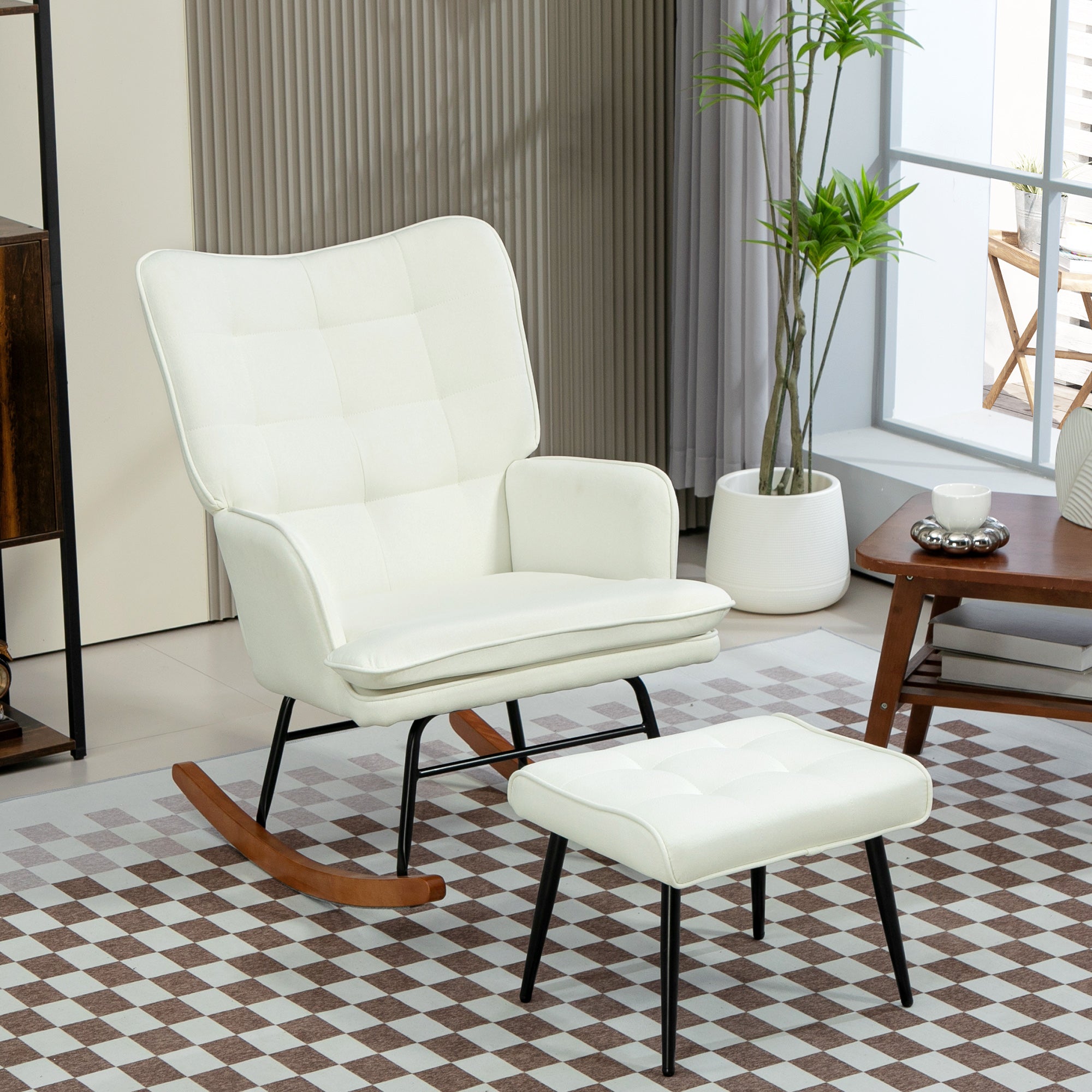 Poltrona Baloiço Relax – 64x89x90 cm – Bege – Linho Sintético, Espuma, Aço e Madeira de Faia
