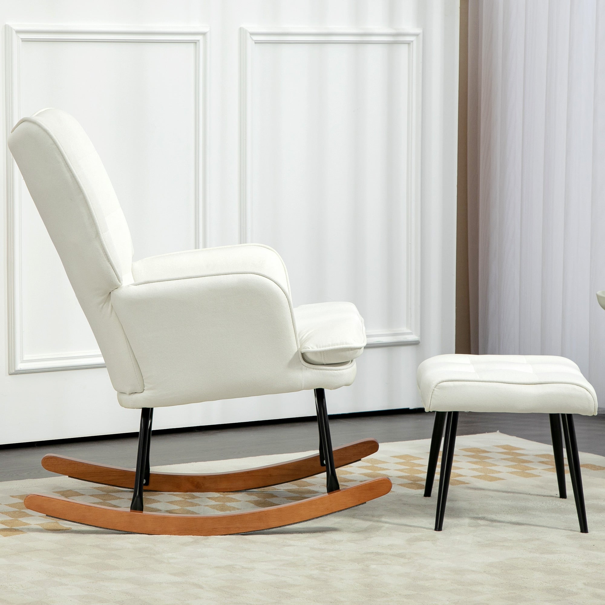 Poltrona Baloiço Relax – 64x89x90 cm – Bege – Linho Sintético, Espuma, Aço e Madeira de Faia