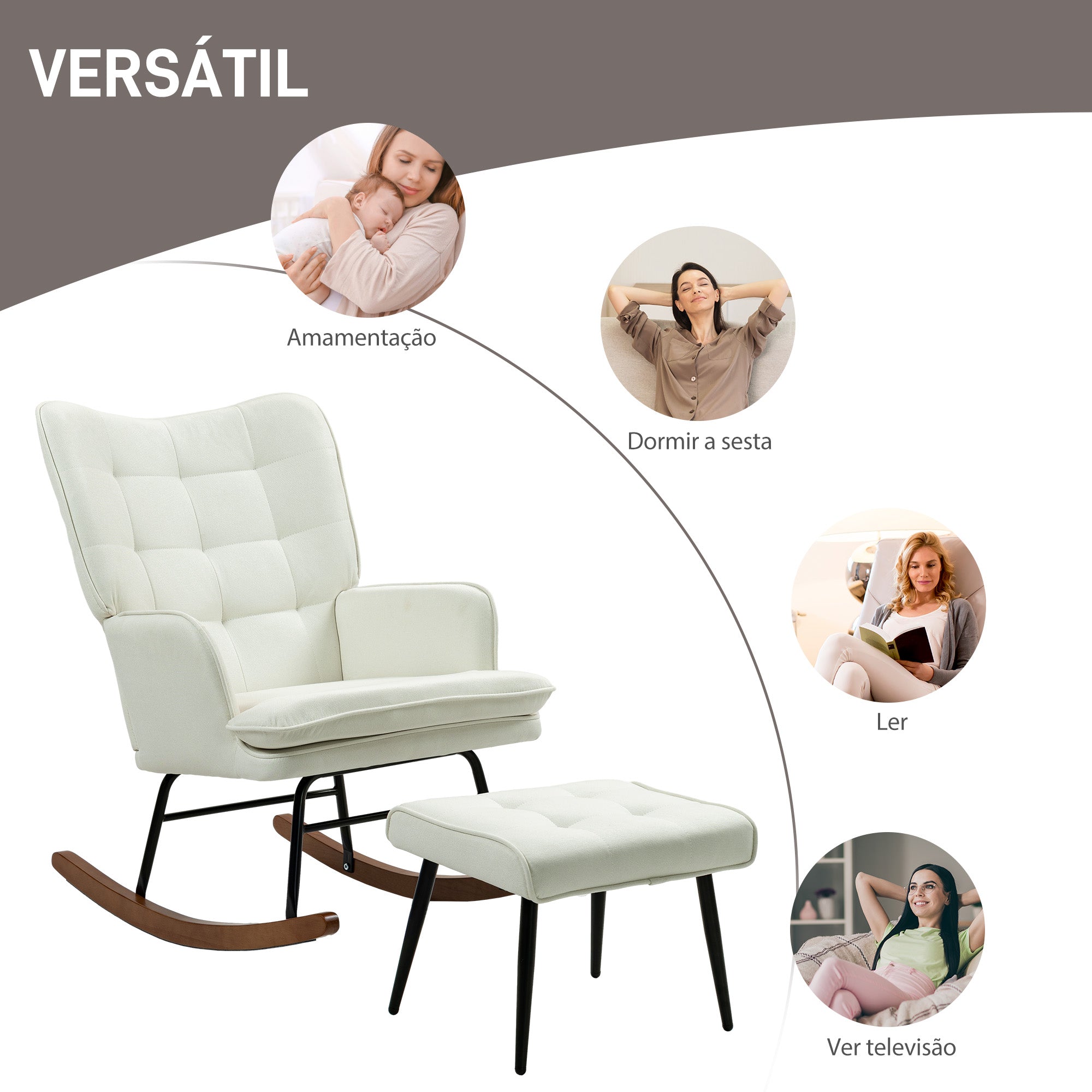 Poltrona Baloiço Relax – 64x89x90 cm – Bege – Linho Sintético, Espuma, Aço e Madeira de Faia