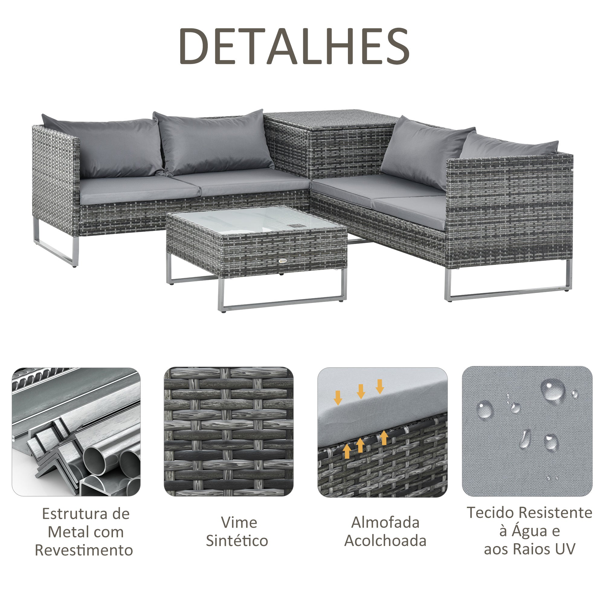 Conjunto de Móveis de Vime para Jardim 132x69x64 cm Cinza e Prata