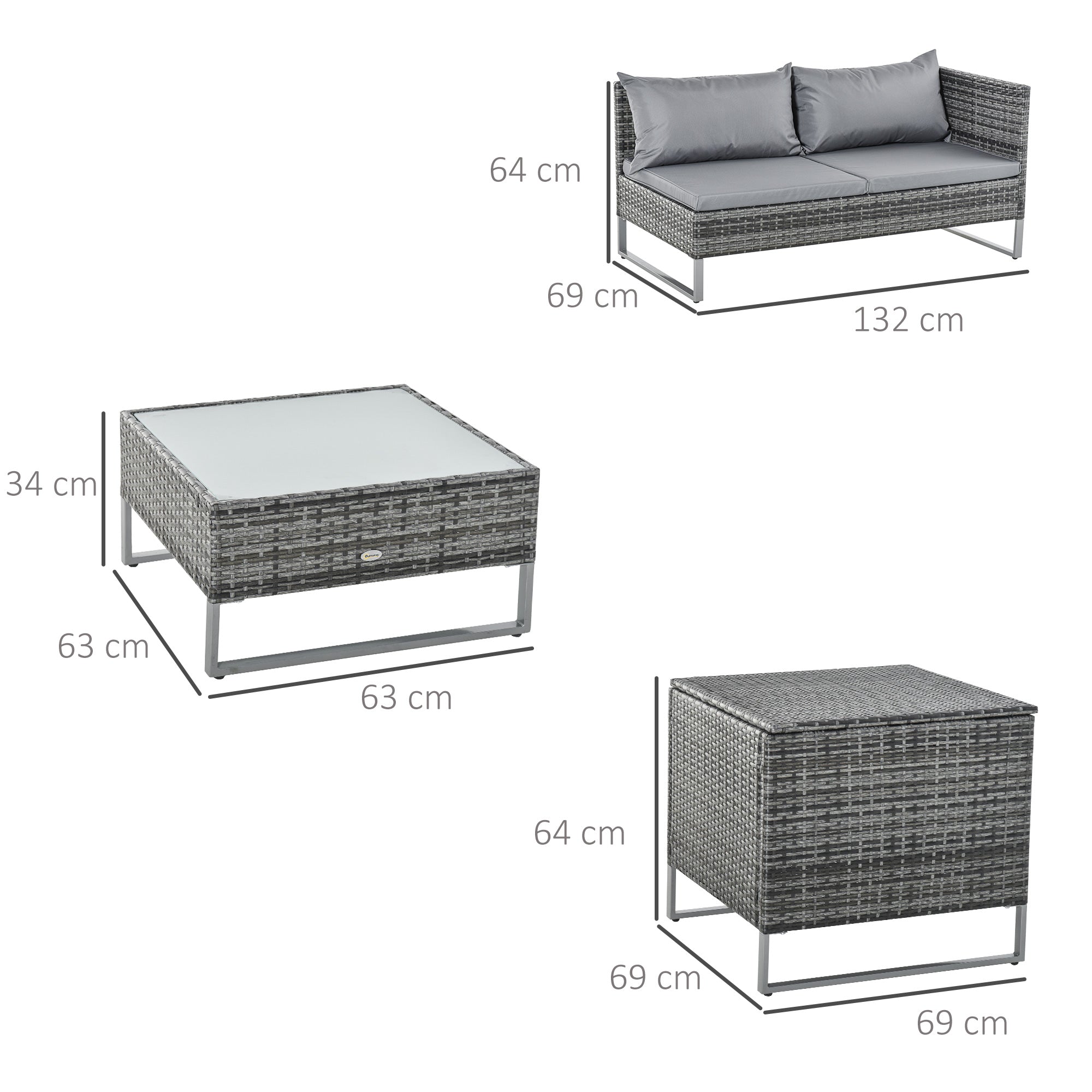 Conjunto de Móveis de Vime para Jardim 132x69x64 cm Cinza e Prata