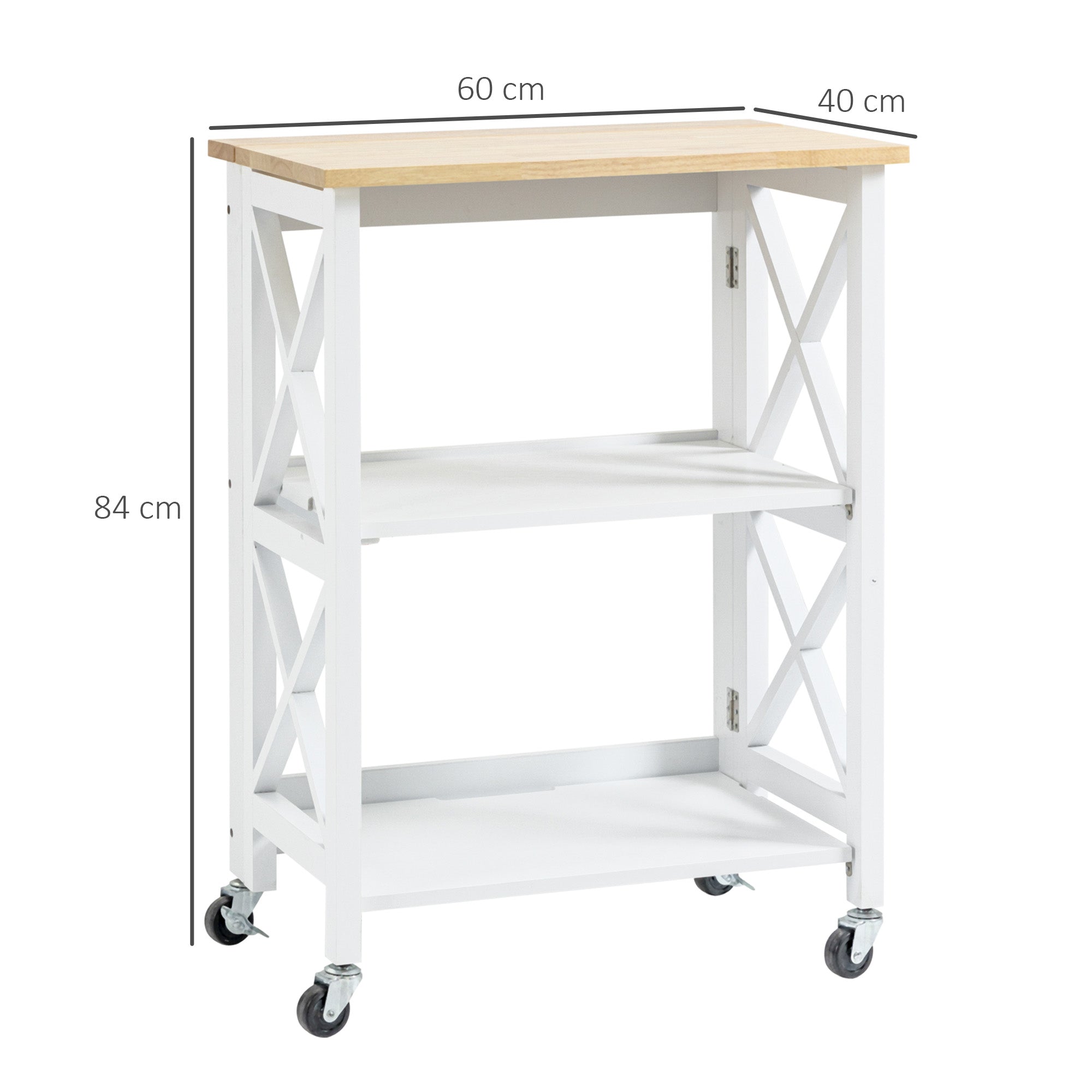Carrinho de Cozinha Dobrável – 60x40x84cm – Branco e Natural – MDF