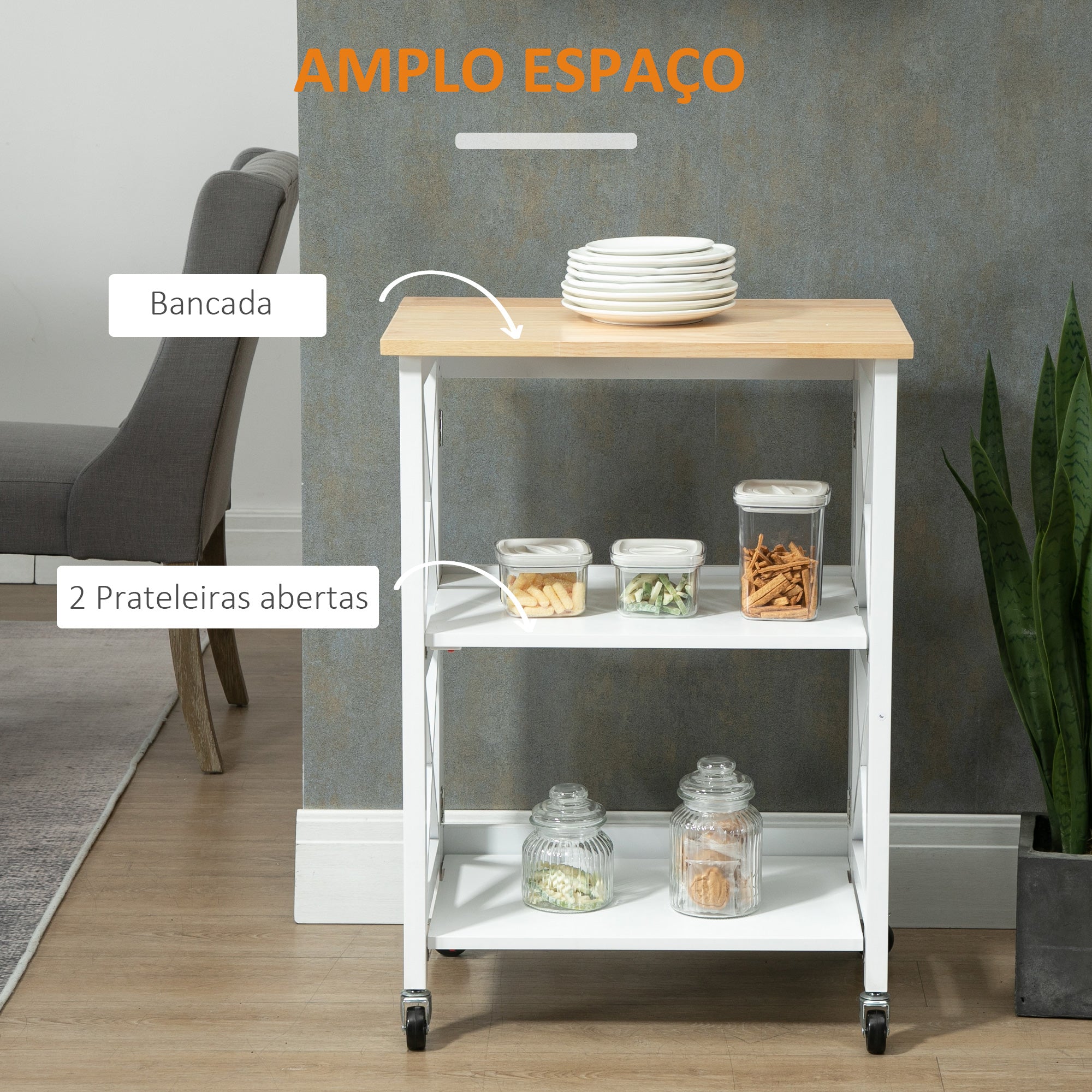 Carrinho de Cozinha Dobrável – 60x40x84cm – Branco e Natural – MDF