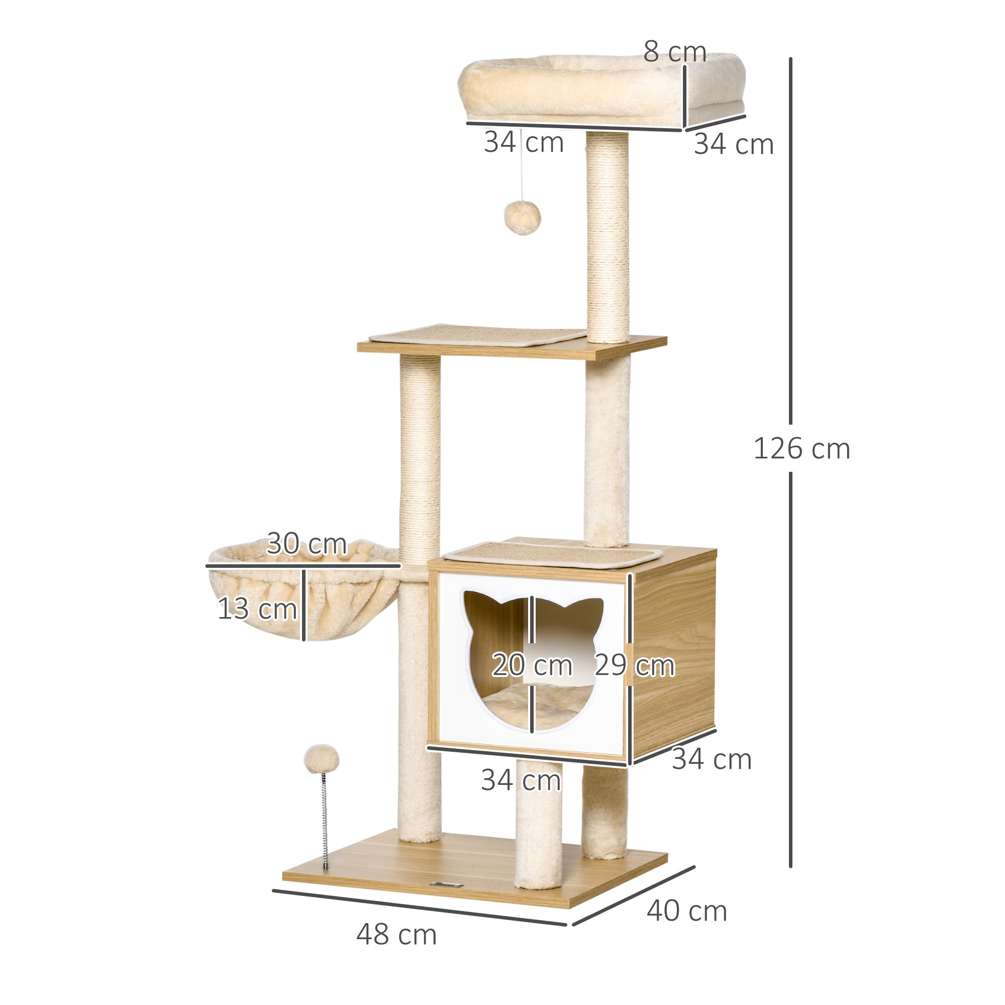 Árvore Arranhador para Gatos – 48x40x126 cm – Bege – Aglomerado de madeira, pelúcia e sisal