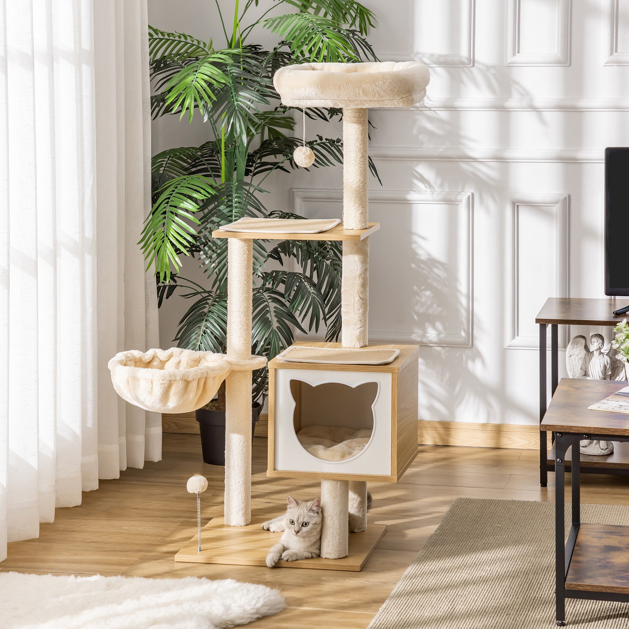 Árvore Arranhador para Gatos – 48x40x126 cm – Bege – Aglomerado de madeira, pelúcia e sisal