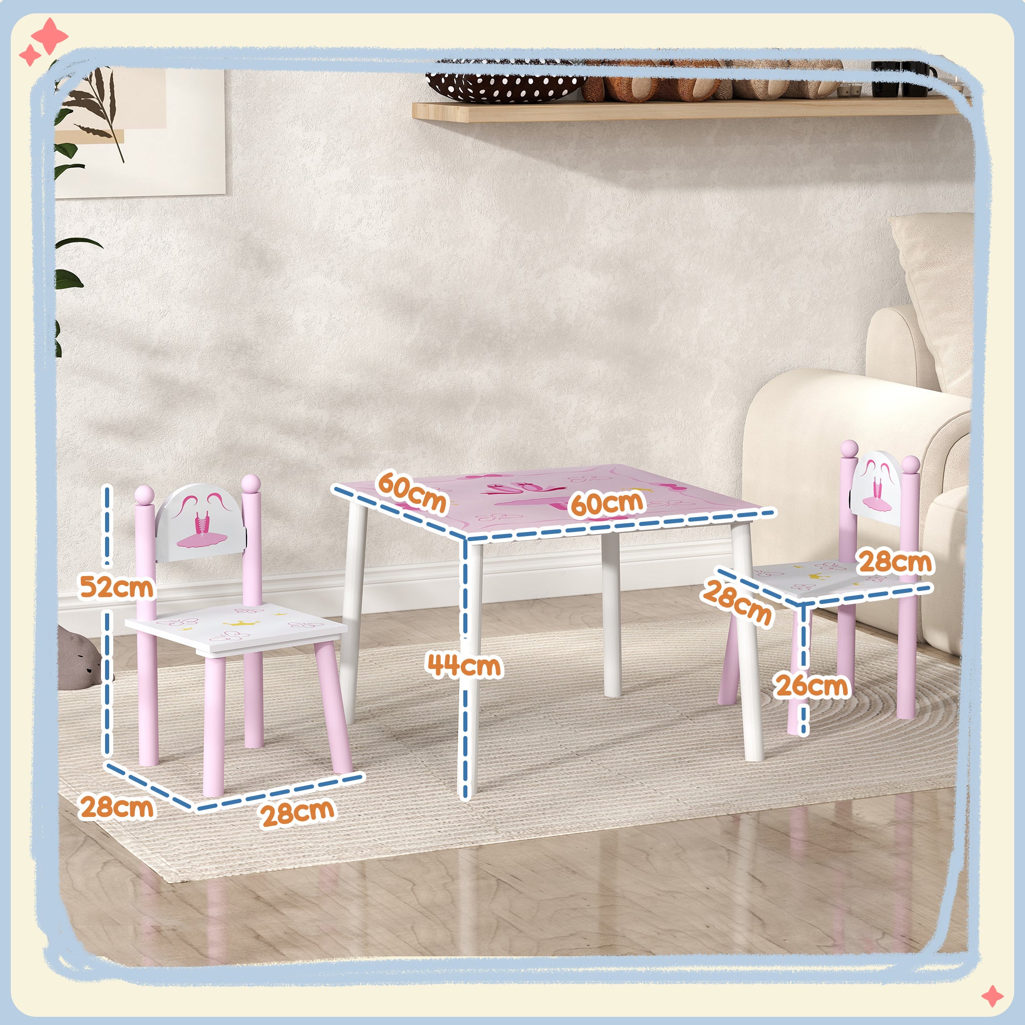 Conjunto de Mesa e Cadeiras para Crianças - 60x60x44 cm - Cor Rosa
