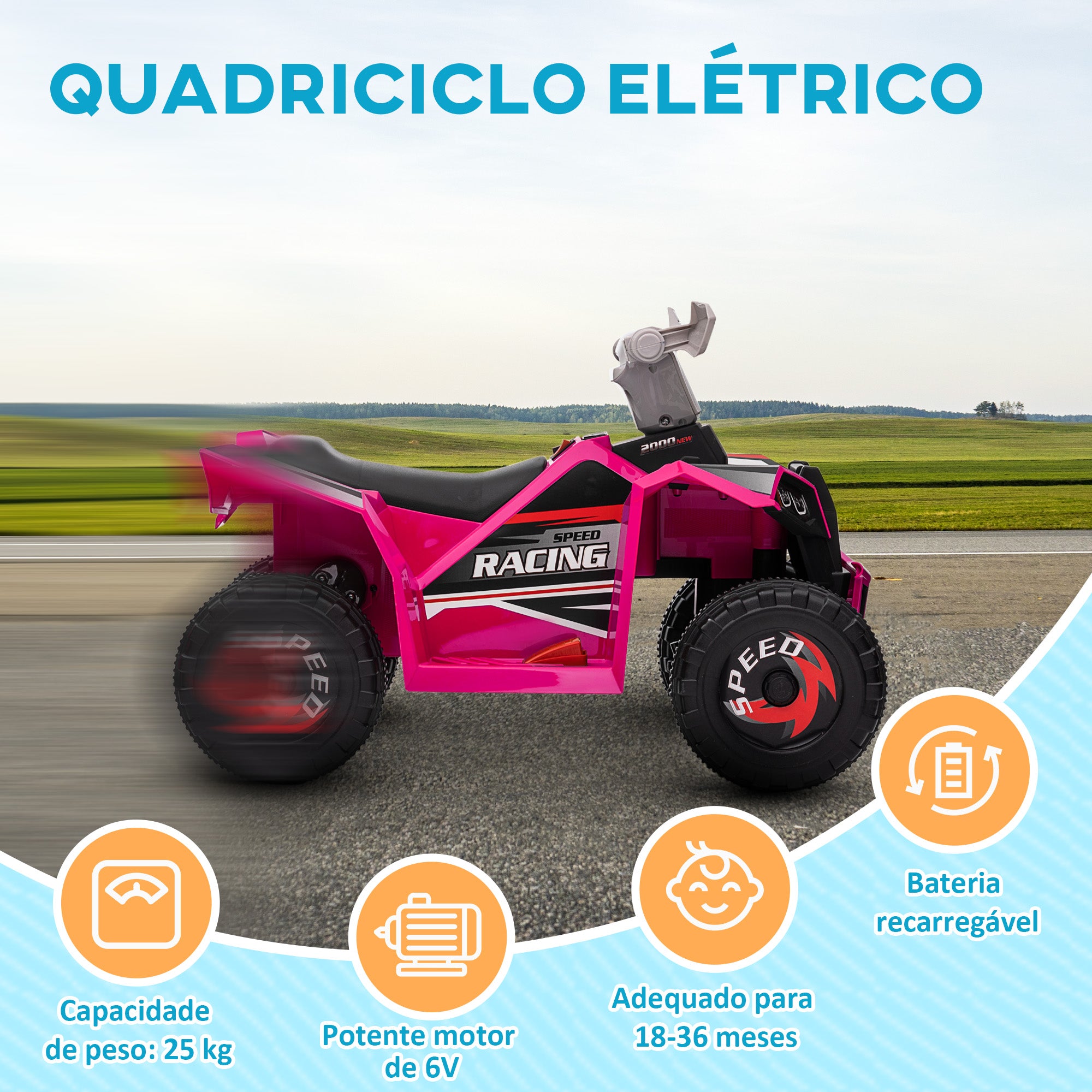 Quadriciclo Elétrico Infantil – 70x41,5x48,5 cm – Rosa – Polipropileno e Metal