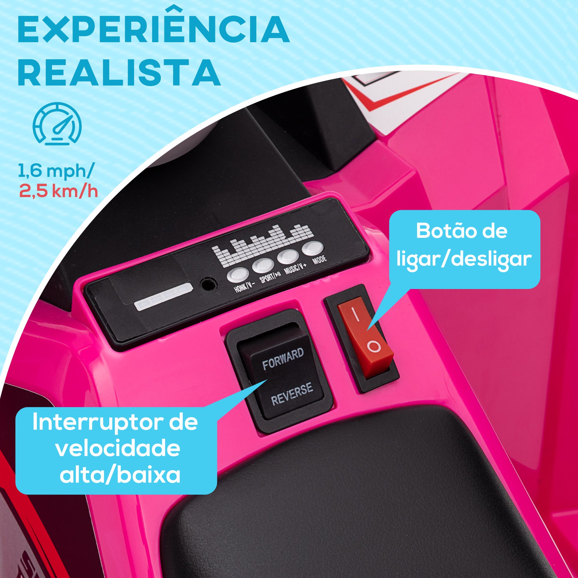Quadriciclo Elétrico Infantil – 70x41,5x48,5 cm – Rosa – Polipropileno e Metal
