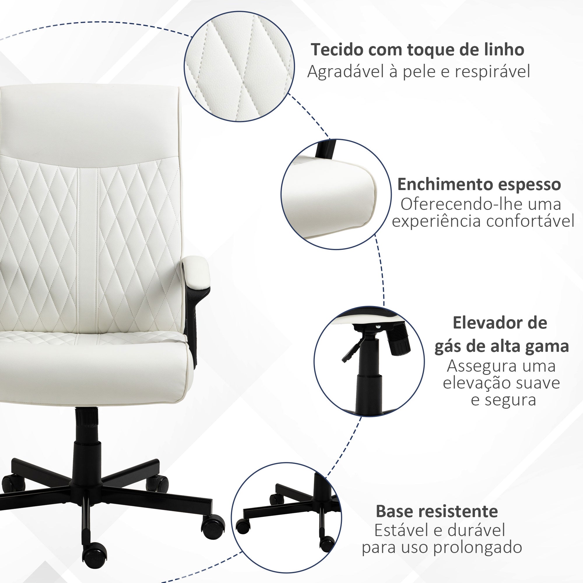 Cadeira de Escritório Giratória Encosto Alto Altura Ajustável 65x65x102-112,5cm Creme Branco