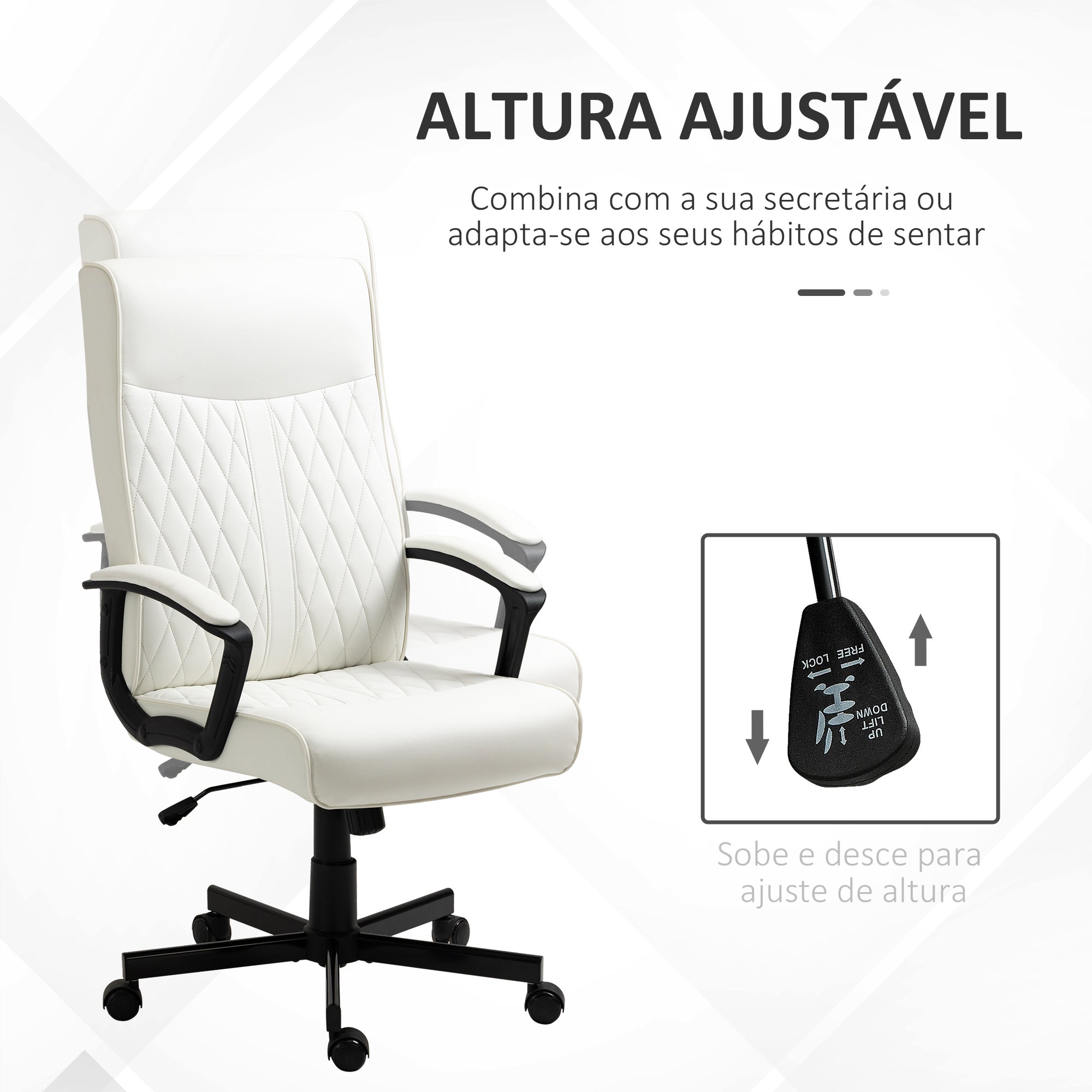 Cadeira de Escritório Giratória Encosto Alto Altura Ajustável 65x65x102-112,5cm Creme Branco