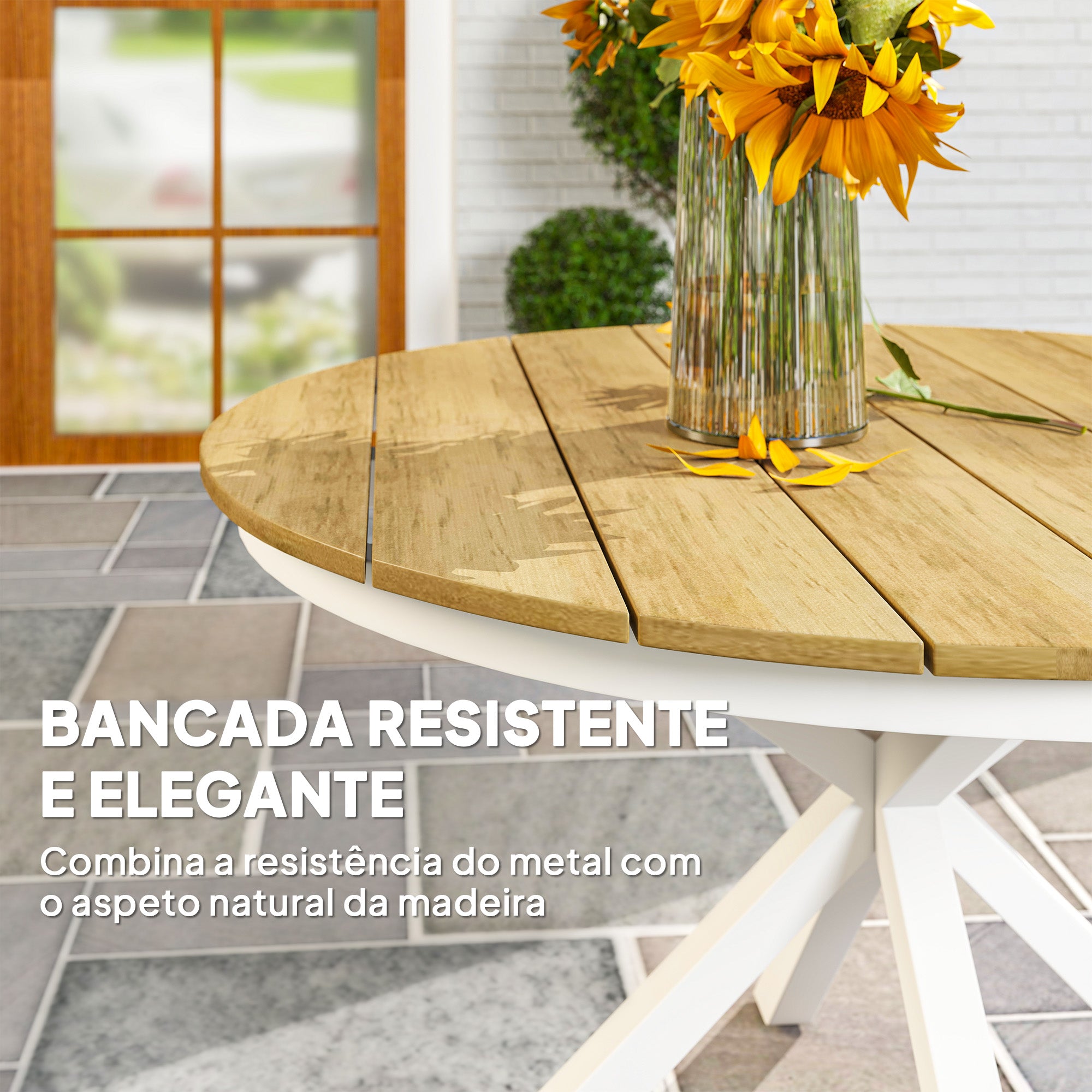 Mesa de Jardim Redonda Madeira e Branco Ø118x74 cm