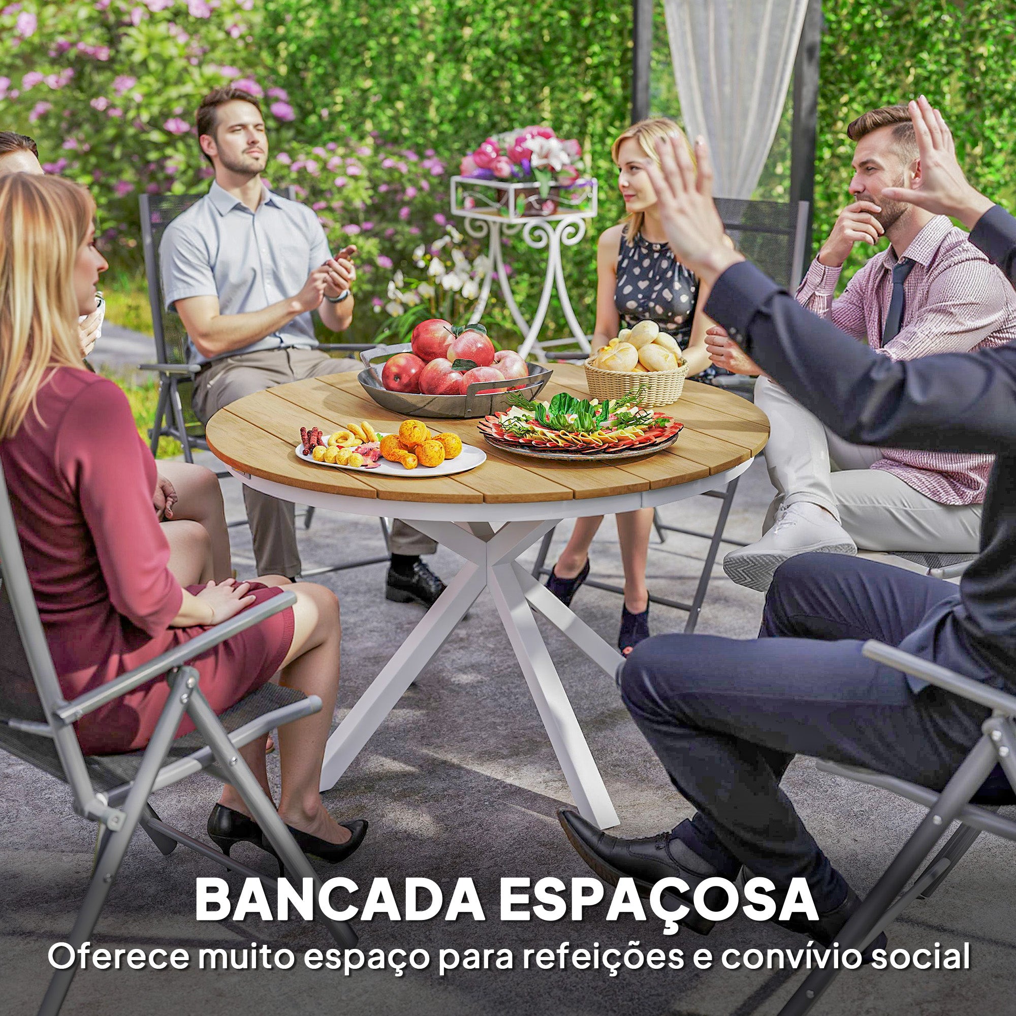 Mesa de Jardim Redonda Madeira e Branco Ø118x74 cm