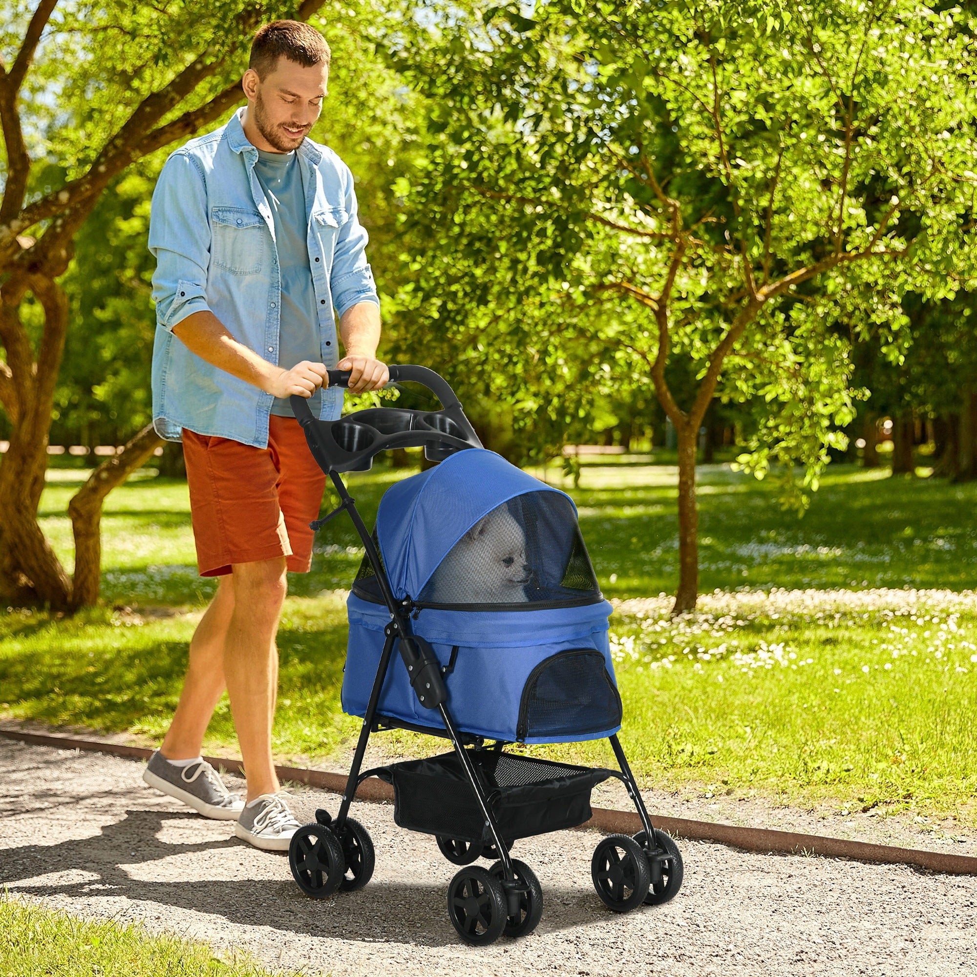 Carrinho dobrável para animais de estimação - Azul - 67x45x96 cm