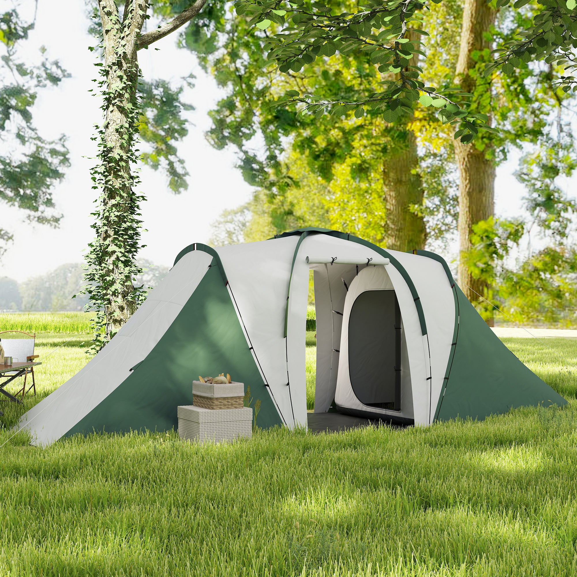 Tenda de Campismo Familiar para 4-6 Pessoas 555x225x190 cm - Cinza e Verde
