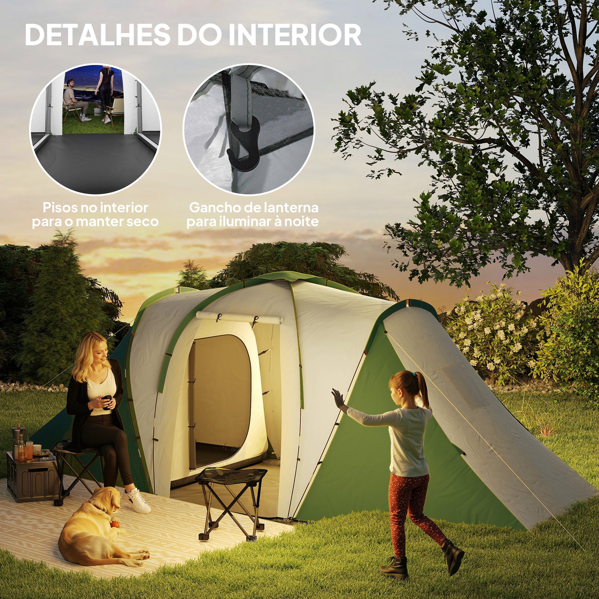 Tenda de Campismo Familiar para 4-6 Pessoas 555x225x190 cm - Cinza e Verde