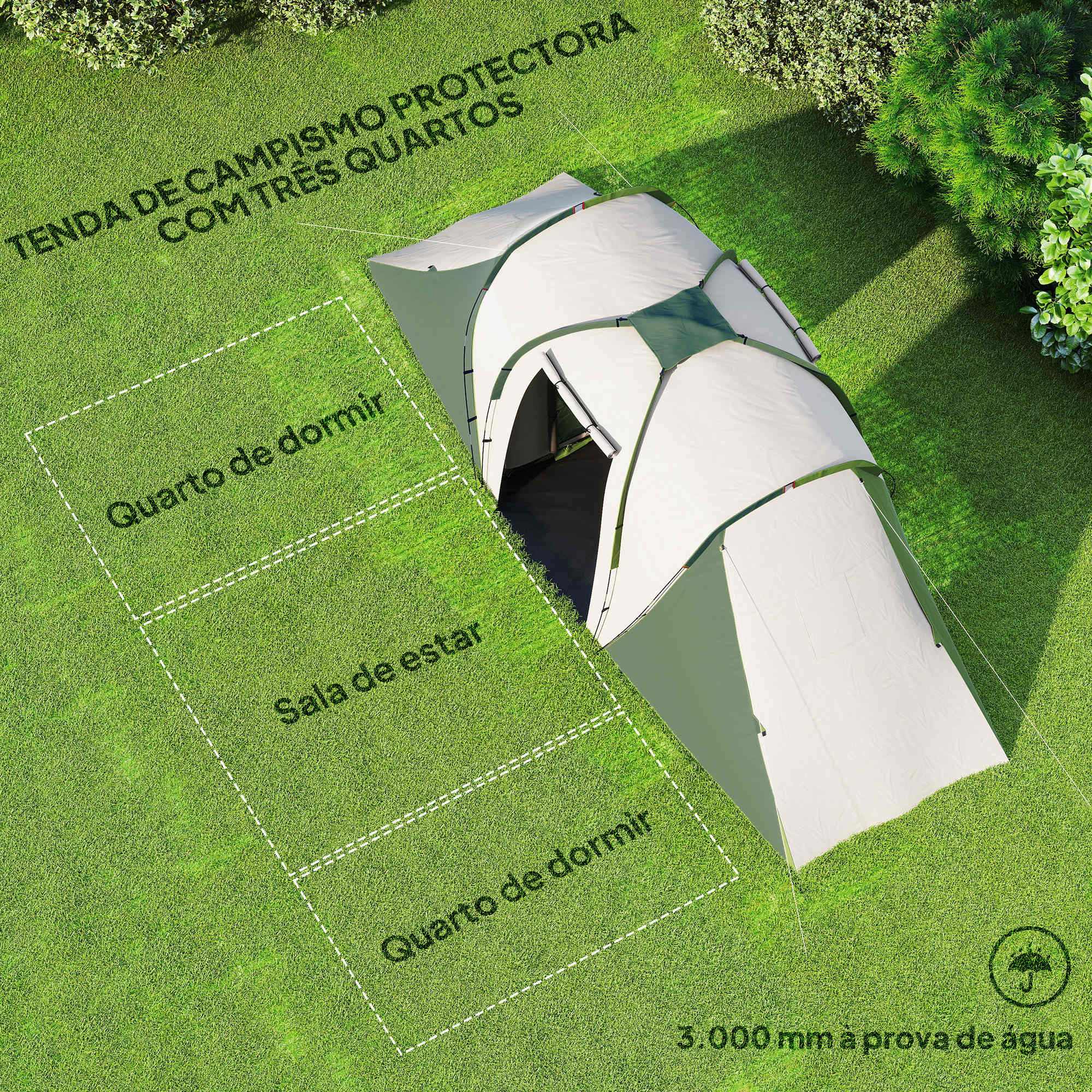 Tenda de Campismo Familiar para 4-6 Pessoas 555x225x190 cm - Cinza e Verde
