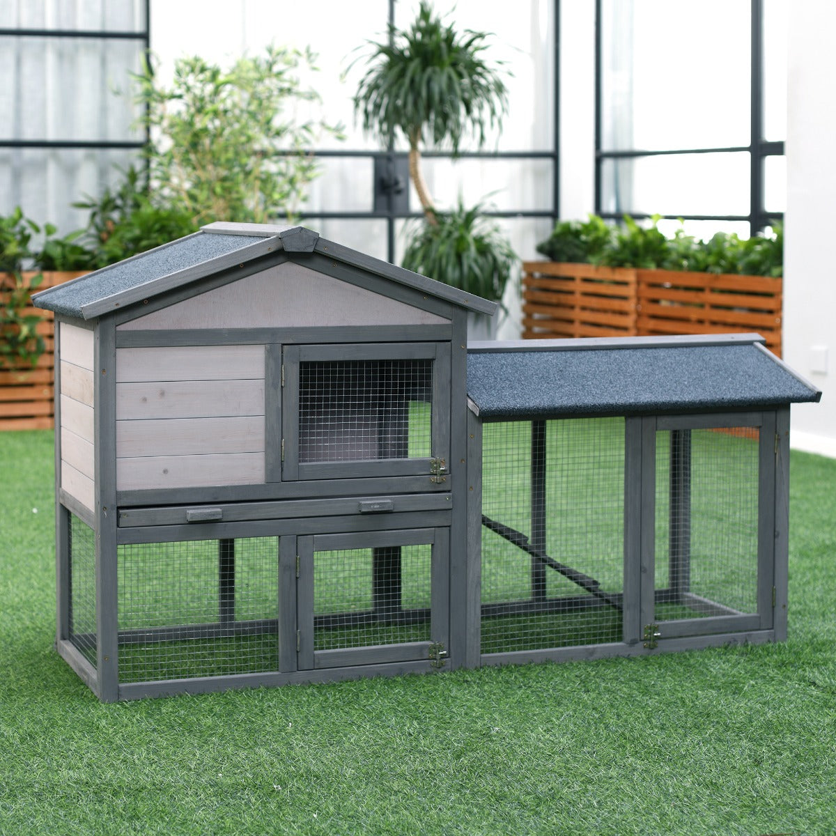 Casa para Coelhos de Madeira com Bandeja Removível 147x54x84cm - Cinzento