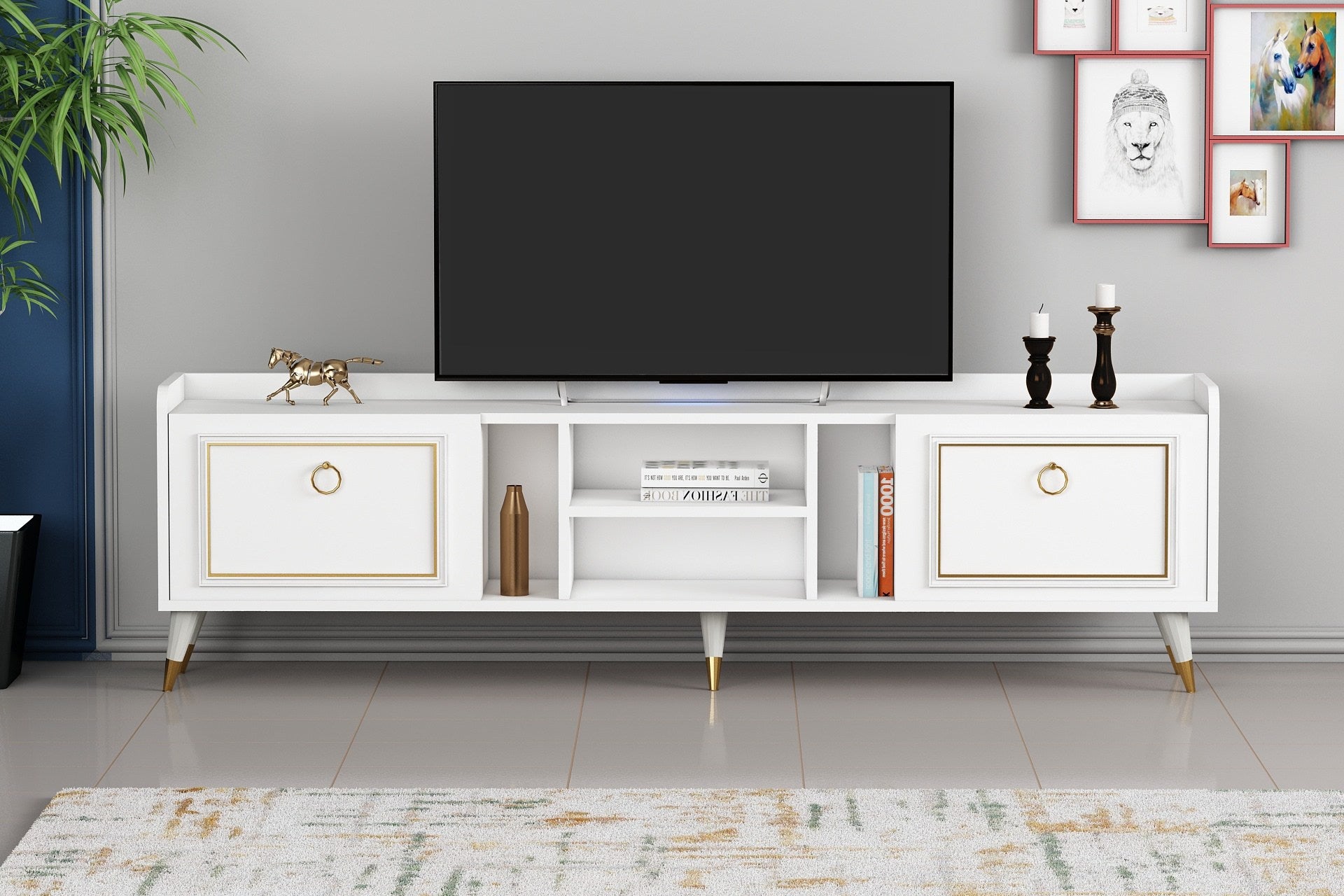 Móvel de TV – 180 x 55 x 35 cm – Branco e Dourado – Melamina