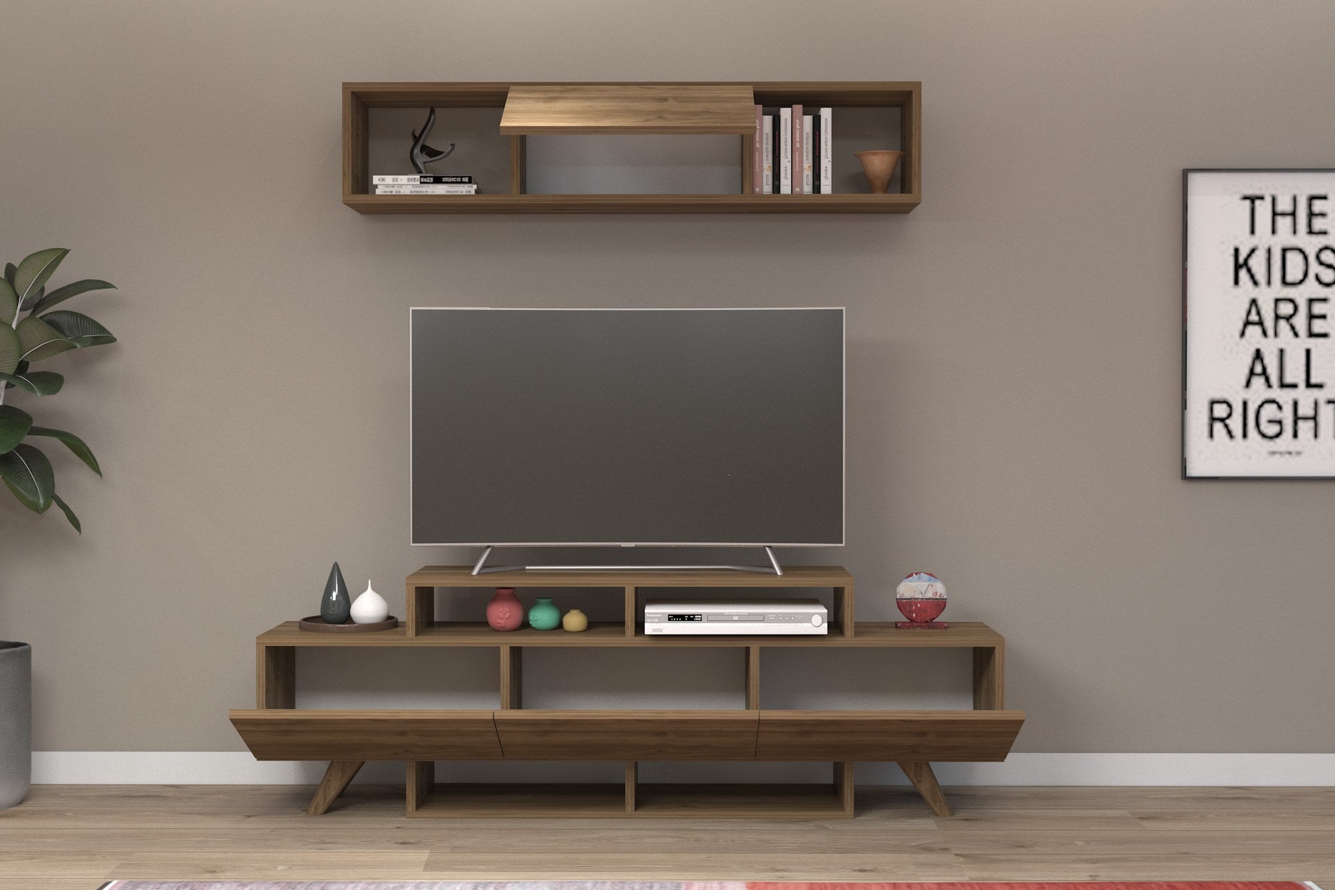 Móvel de TV – 150 cm x 49 cm x 31,6 cm – Nogueira – Painel de partículas revestido a melamina