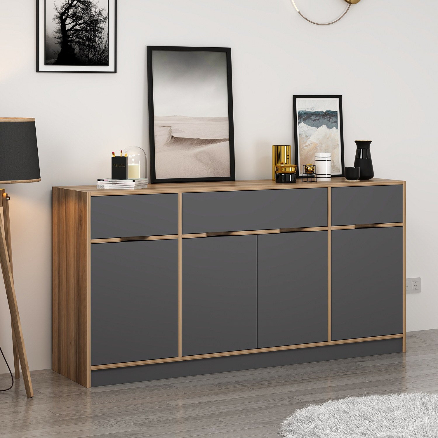 Mesa de Consola Elegante em Nogueira e Antracite - 180cm de Largura com Revestimento Melamínico Resistente