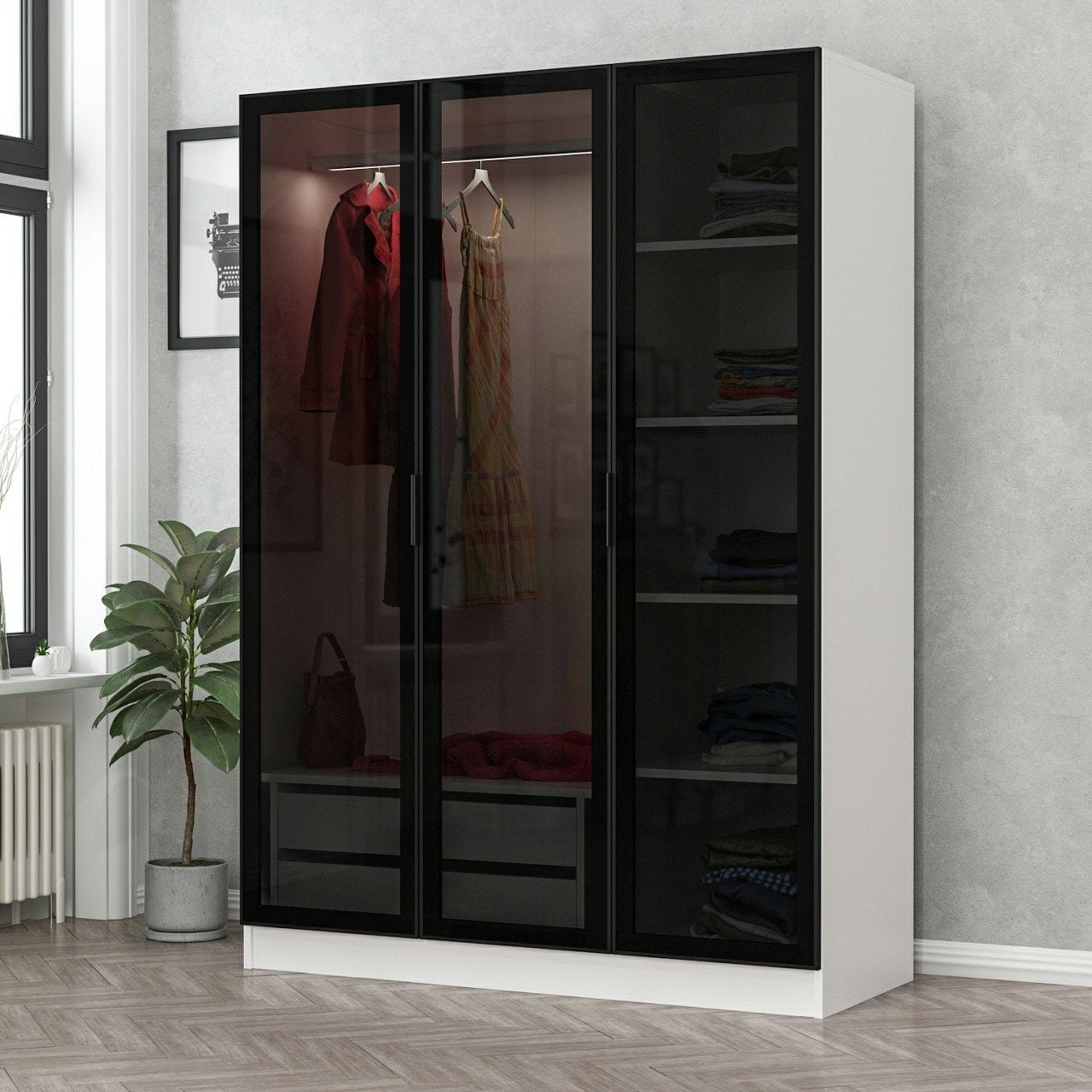 Guarda-roupa elegante – 135 cm x 210 cm x 52 cm – Branco e preto – Painel de partículas revestido a melamina