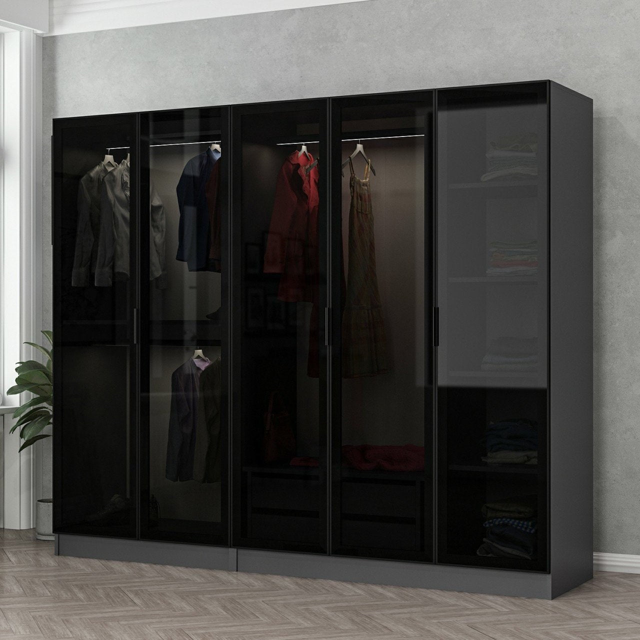 Guarda-roupa – 225 x 190 x 52 cm – Antracite e Preto – Painel de Partículas